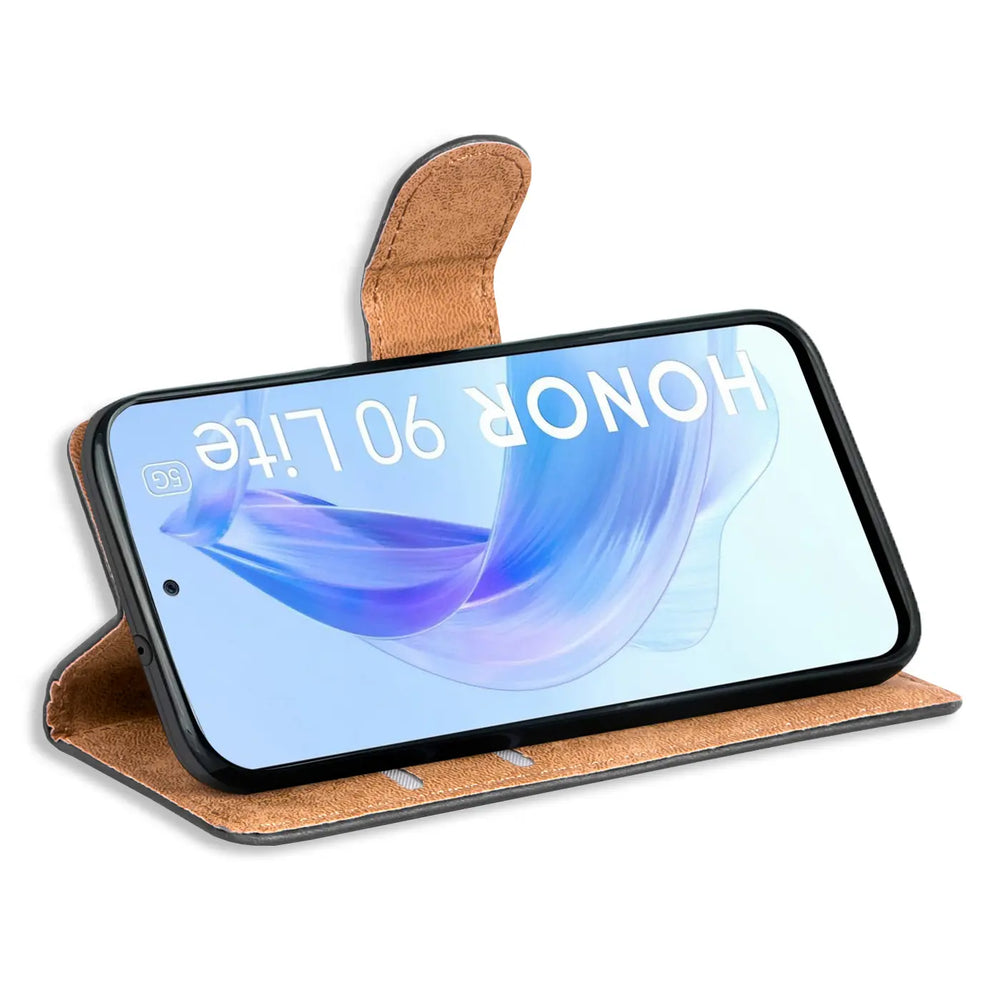Braune Kunstleder-Klapphülle mit Kartenfächern, Honor 90 Lite, Vorderansicht.