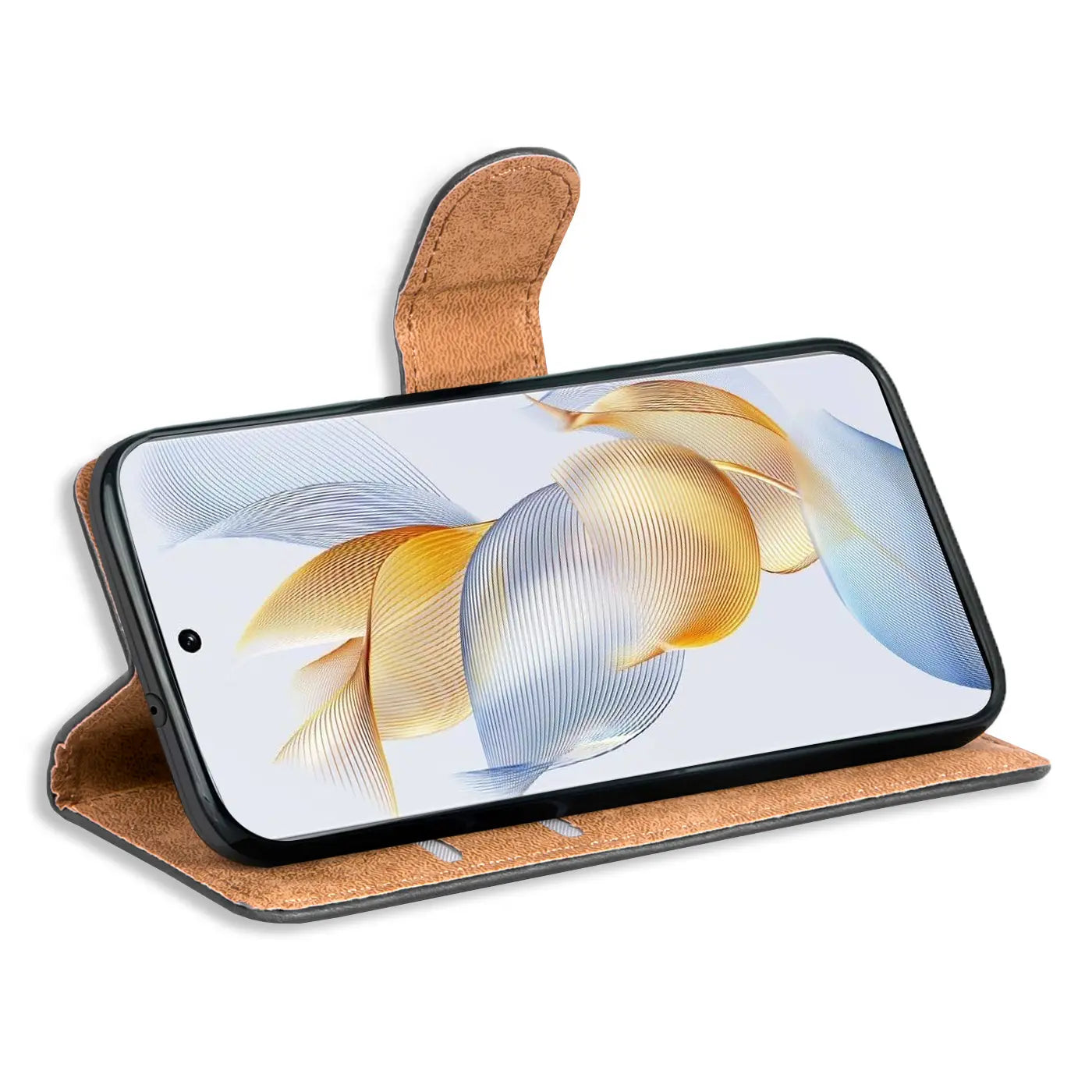 Braune Kunstleder-Klapphülle mit Kartenfächern für Honor 90, Seitenansicht.