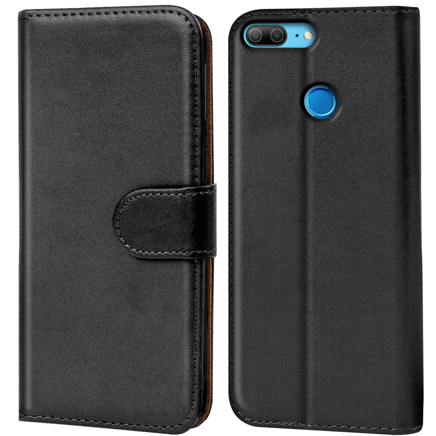 Schwarze Leder-Klapphülle für Honor 9 Lite, Vorder- und Rückansicht.