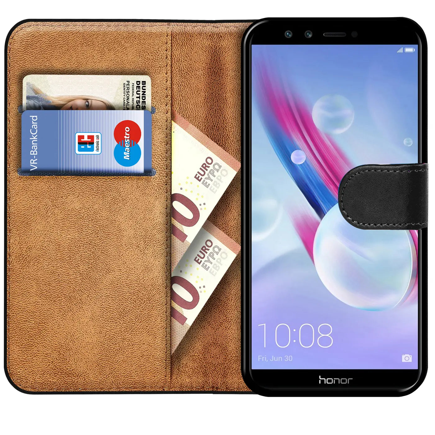 Braune Kunstleder-Klapphülle mit Kartenfächern und Honor 9 Lite.