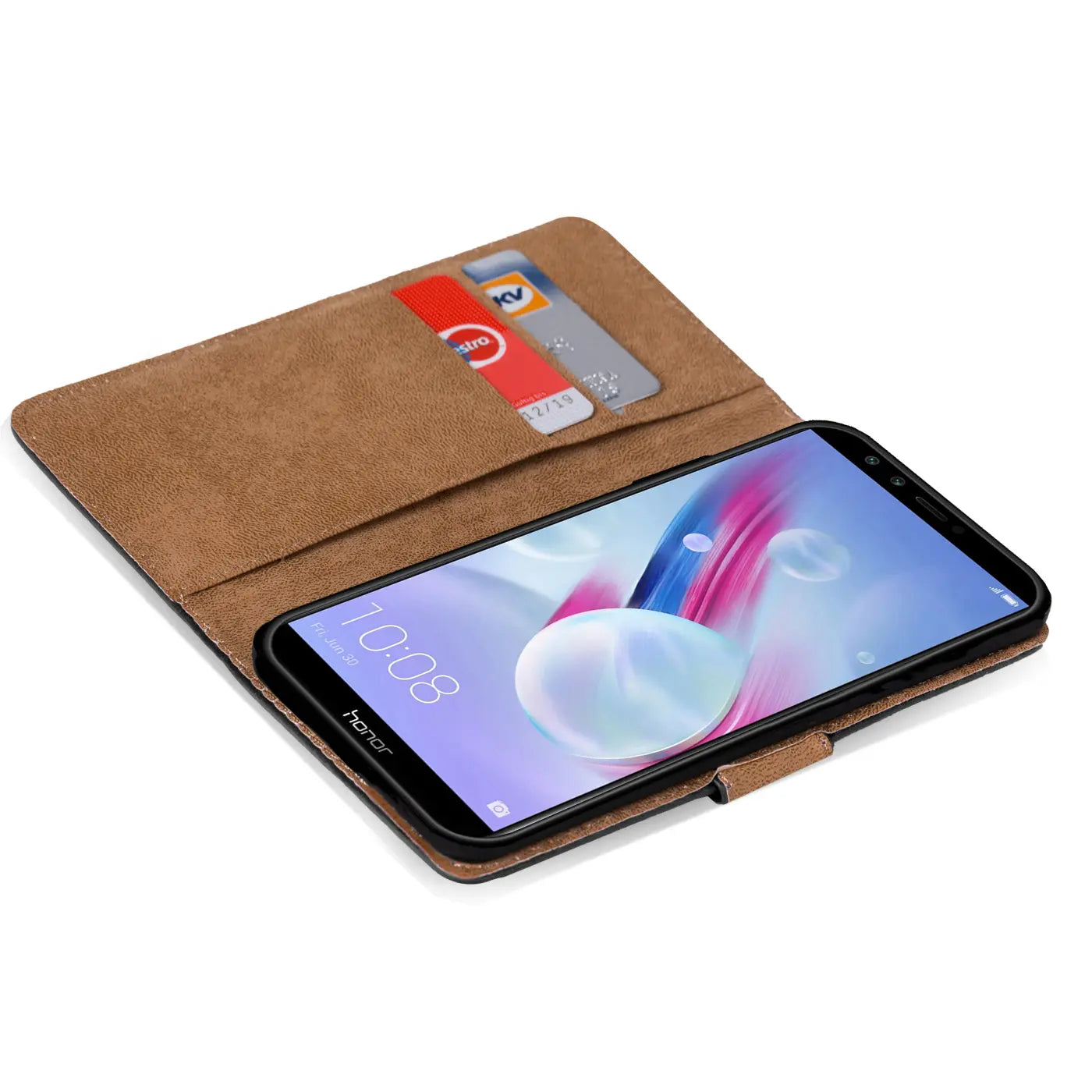 Braune Kunstledertasche mit Kartenfächern, Honor 9 Lite, von oben schräg.