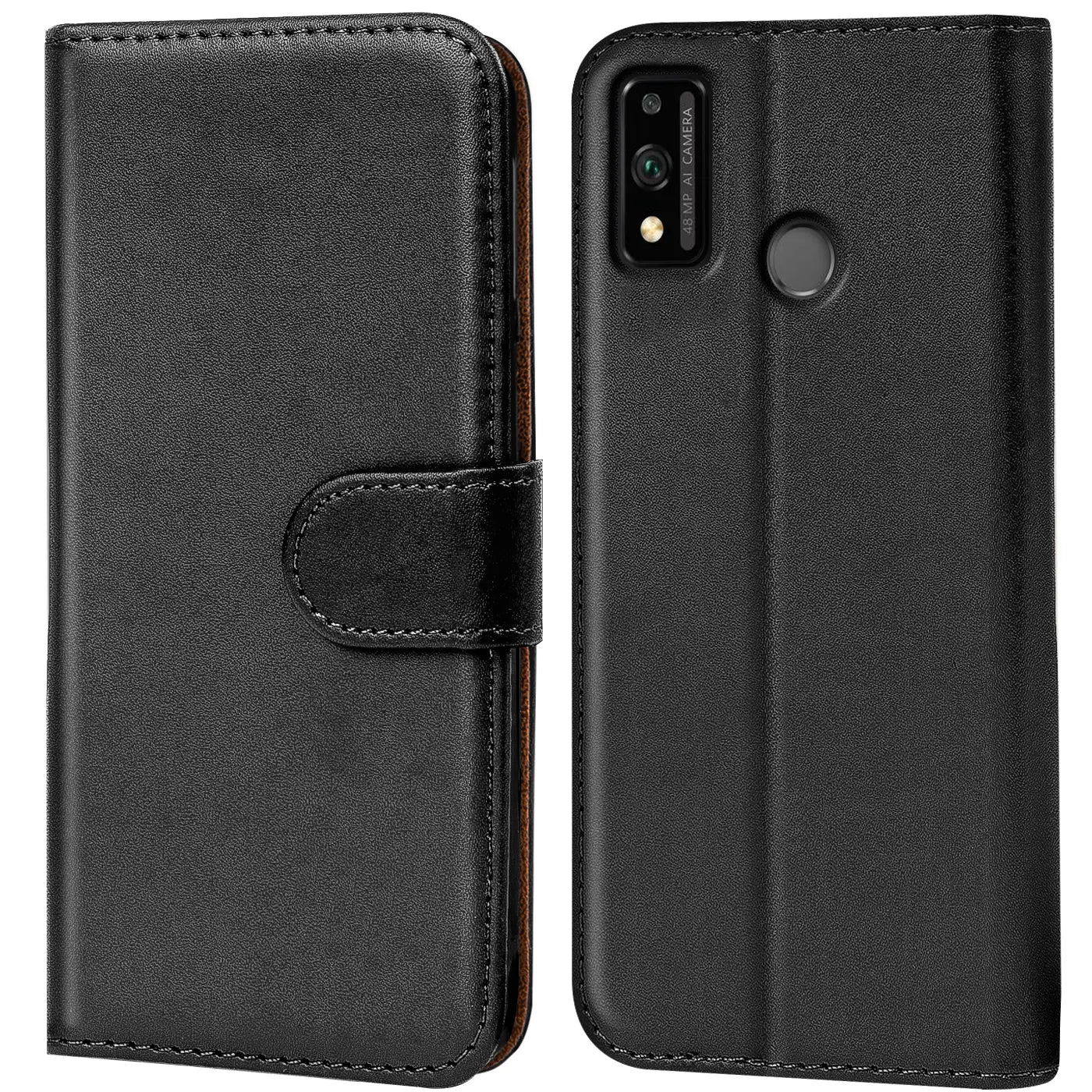 Schwarze Leder-Klapphülle mit Kartenfächern, Vorder- und Rückansicht, für Honor 9X Lite.