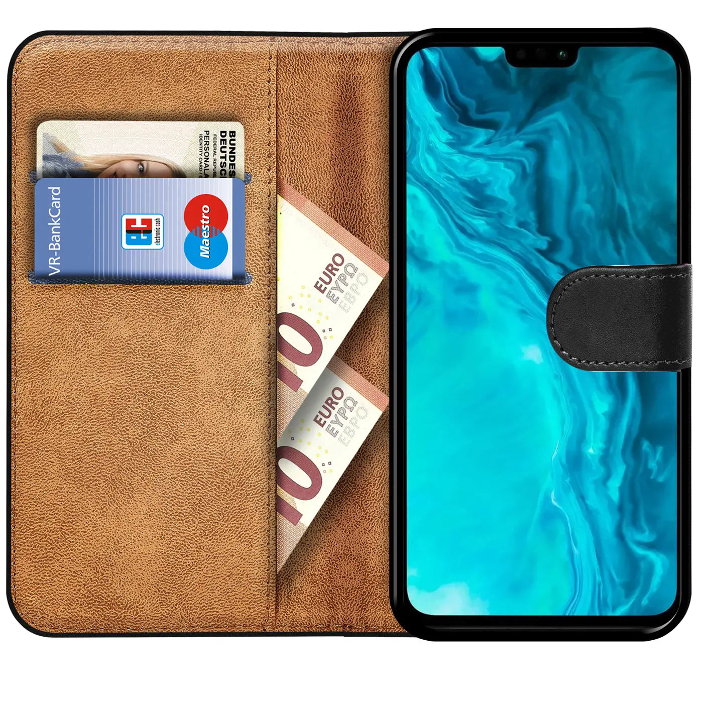 Braune Kunstleder-Klapphülle mit Kartenfächern und Geldscheinfach, zeigt Honor 9X Lite.