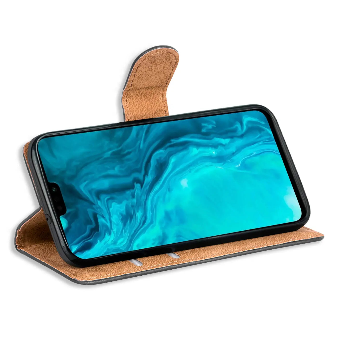 Braune Kunstleder-Klapphülle mit Kartenfächern für Honor 9X Lite, Seitenansicht.