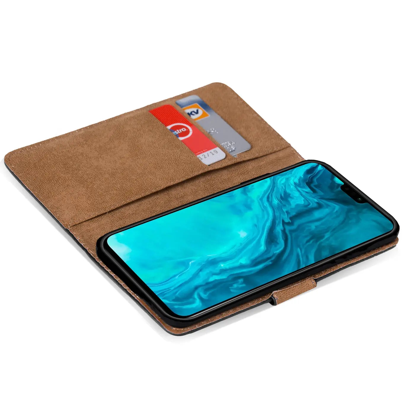 Braune Klapphülle aus Leder mit Kartenfächern, Honor 9X Lite, von oben schräg