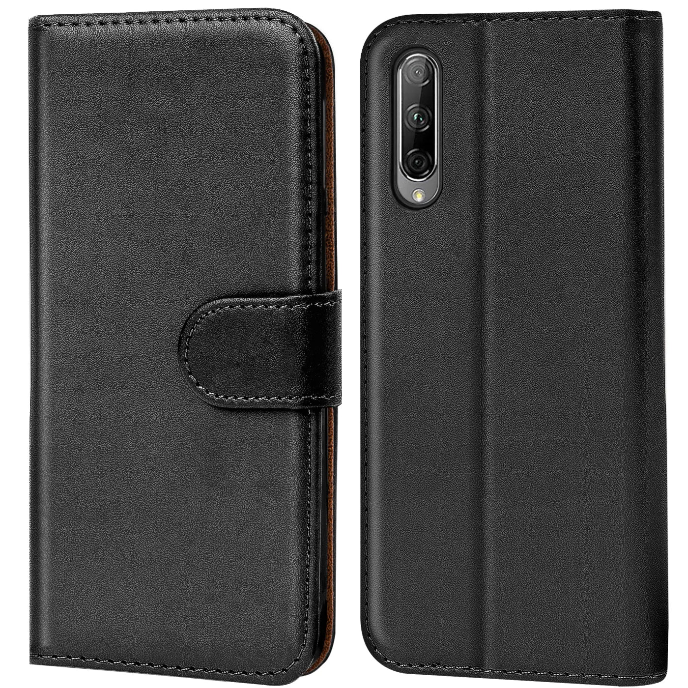 Schwarze Leder-Klapphülle mit Kartenfächern, zeigt Honor 9X Pro Rückseite.