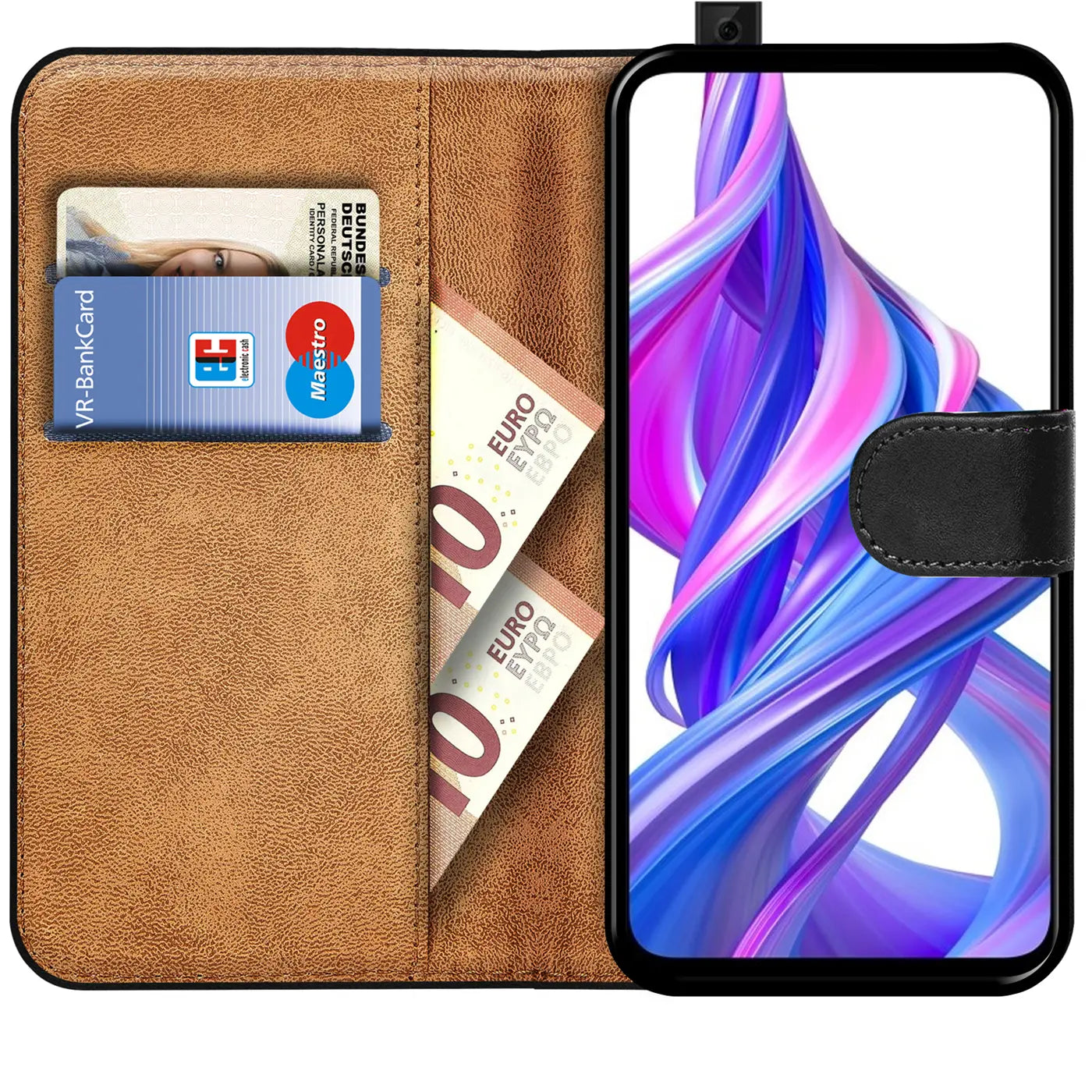 Braune Kunstleder-Klapphülle mit Kartenfächern, zeigt Honor 9X Pro mit bunter Anzeige.