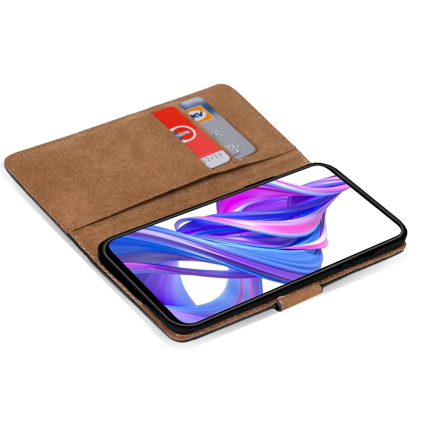 Braune Kunstleder-Klapphülle mit Kartenfächern, Honor 9X Pro, von oben links
