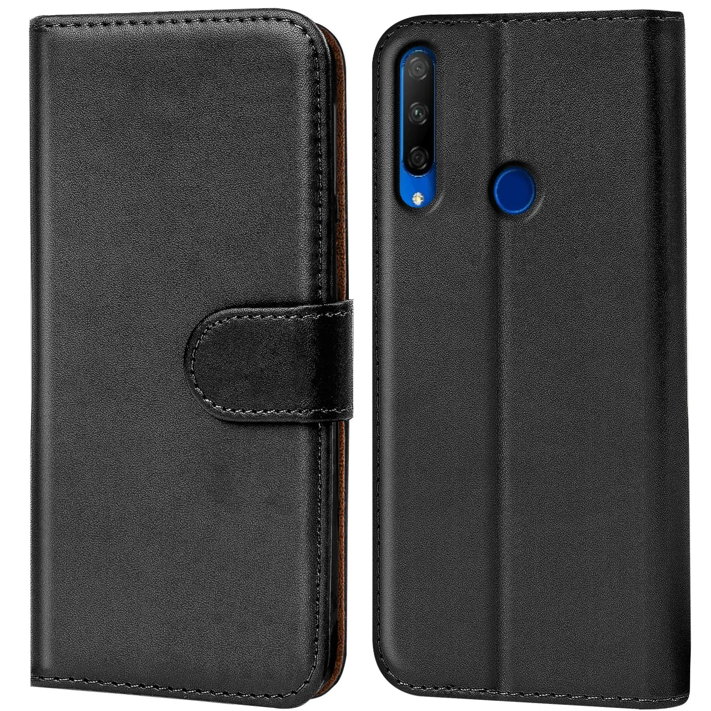 Schwarze Leder-Klapphülle mit Kartenfächern, Vorder- und Rückansicht, Honor 9x.