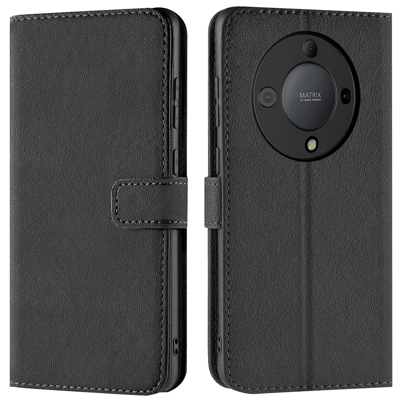 Schwarze Kunstleder-Klapphülle mit Kartenfächern, Vorder- und Rückansicht, Honor Magic5 Lite.