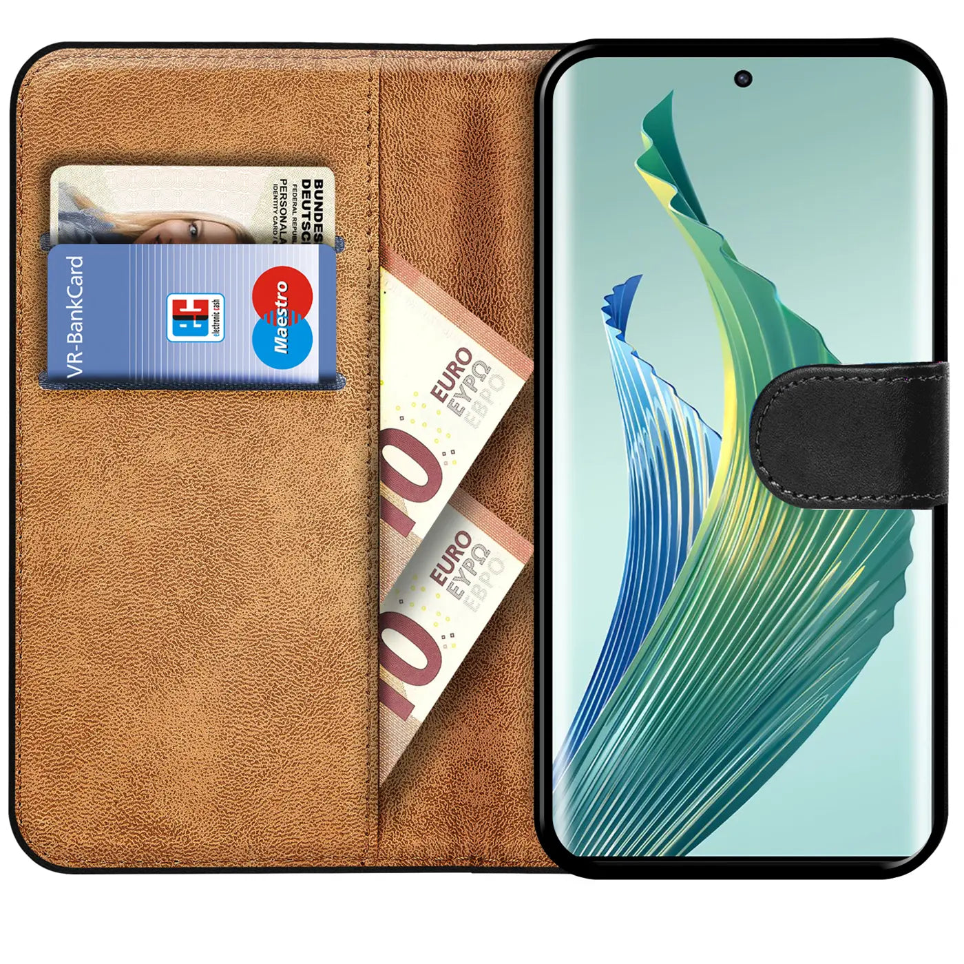 Braune Leder-Klapphülle mit Kartenfächern, Geld, VR-Bankkarte, Honor Magic5 Lite.