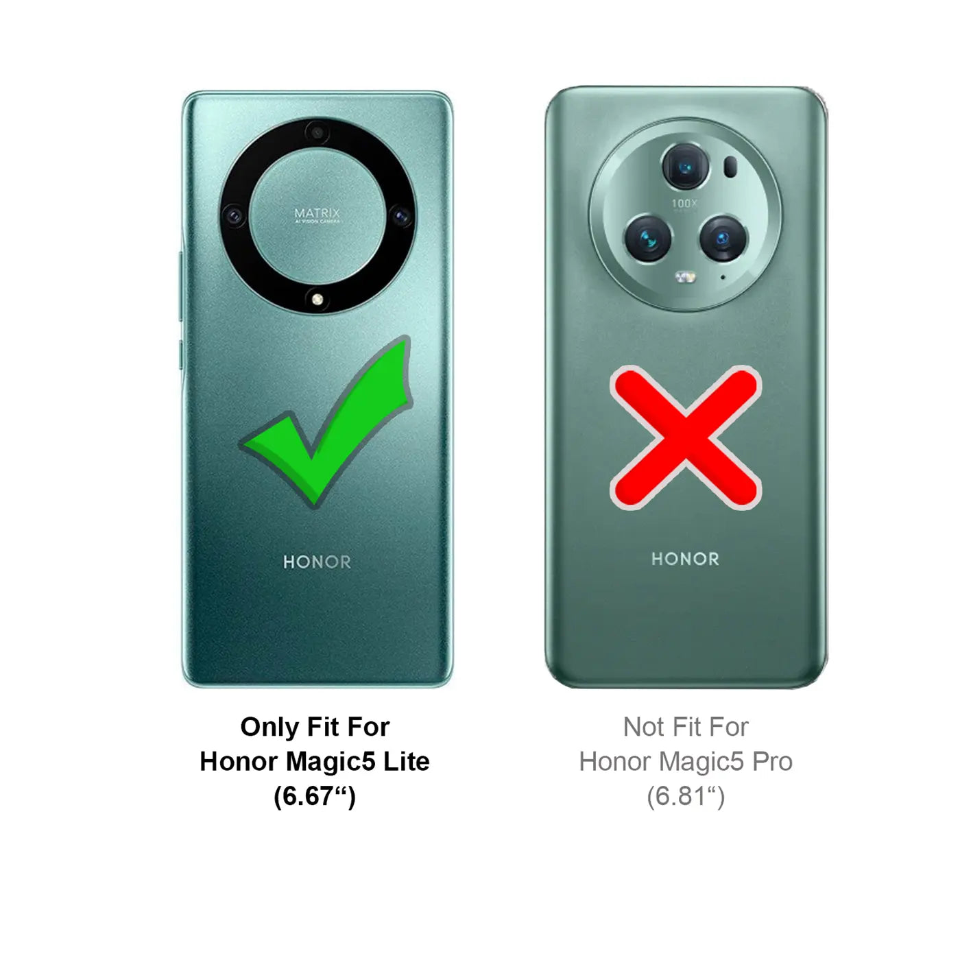 Zwei grüne Smartphones, eines mit Haken, das andere mit Kreuz. Honor Magic5 Lite.