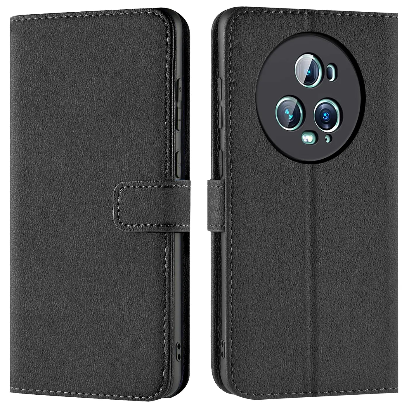 Schwarze Leder-Klapphülle mit Kartenfächern, Vorder- und Rückansicht, Honor Magic5 Pro.