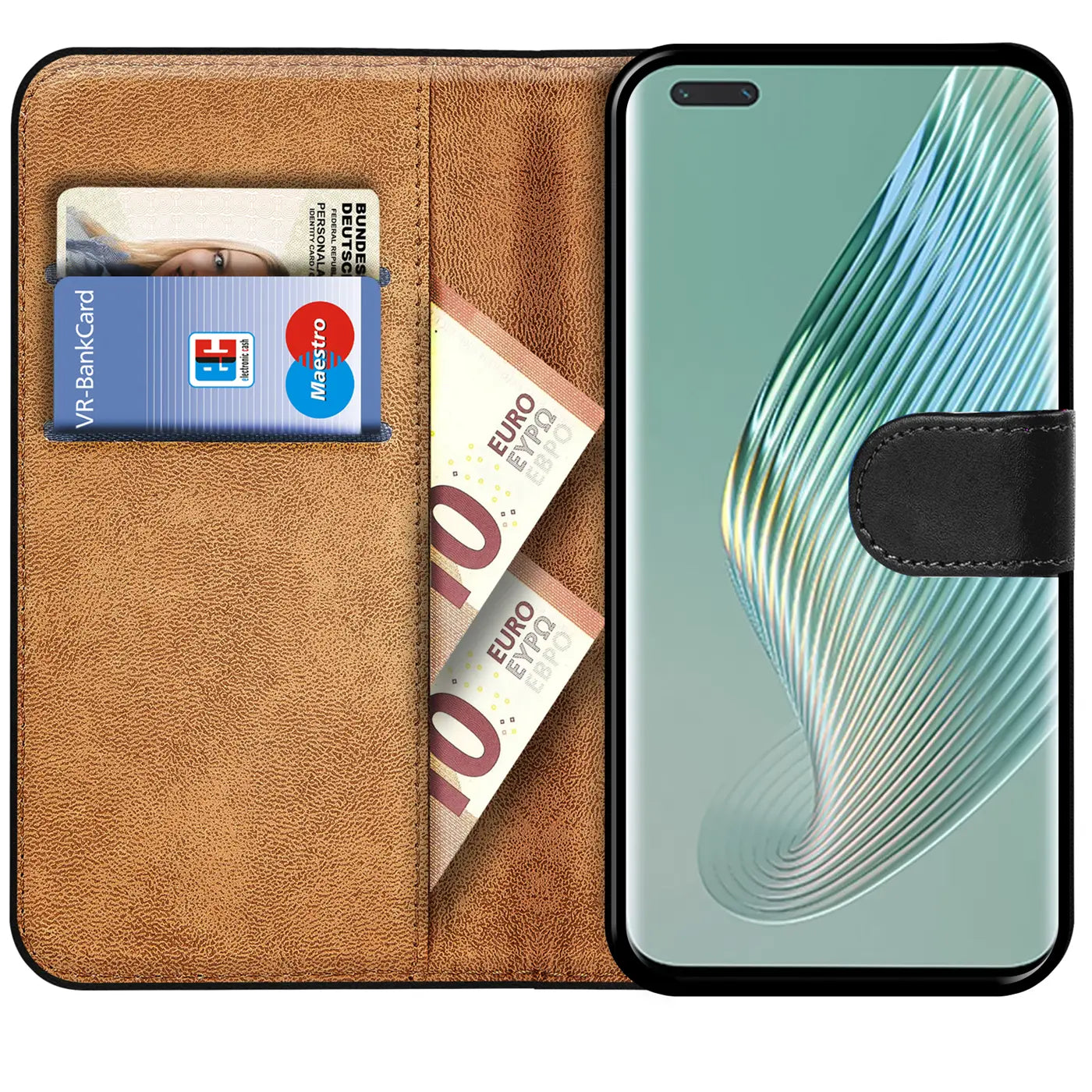 Braune Kunstleder-Klapphülle mit Kartenfach, zeigt Honor Magic5 Pro, Geld, Bankkarte