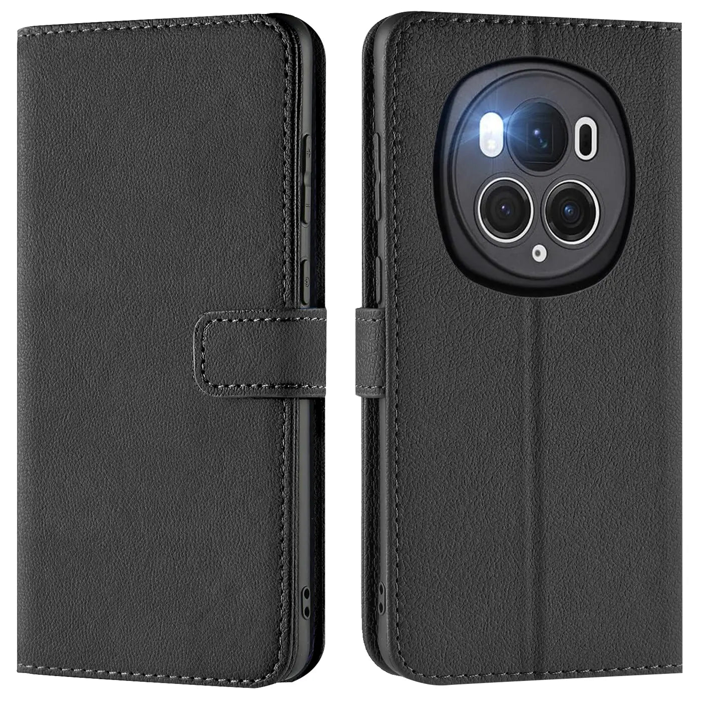 Schwarze Leder-Klapphülle mit Kartenfächern, Vorder- und Rückansicht, Honor Magic 6 Pro.