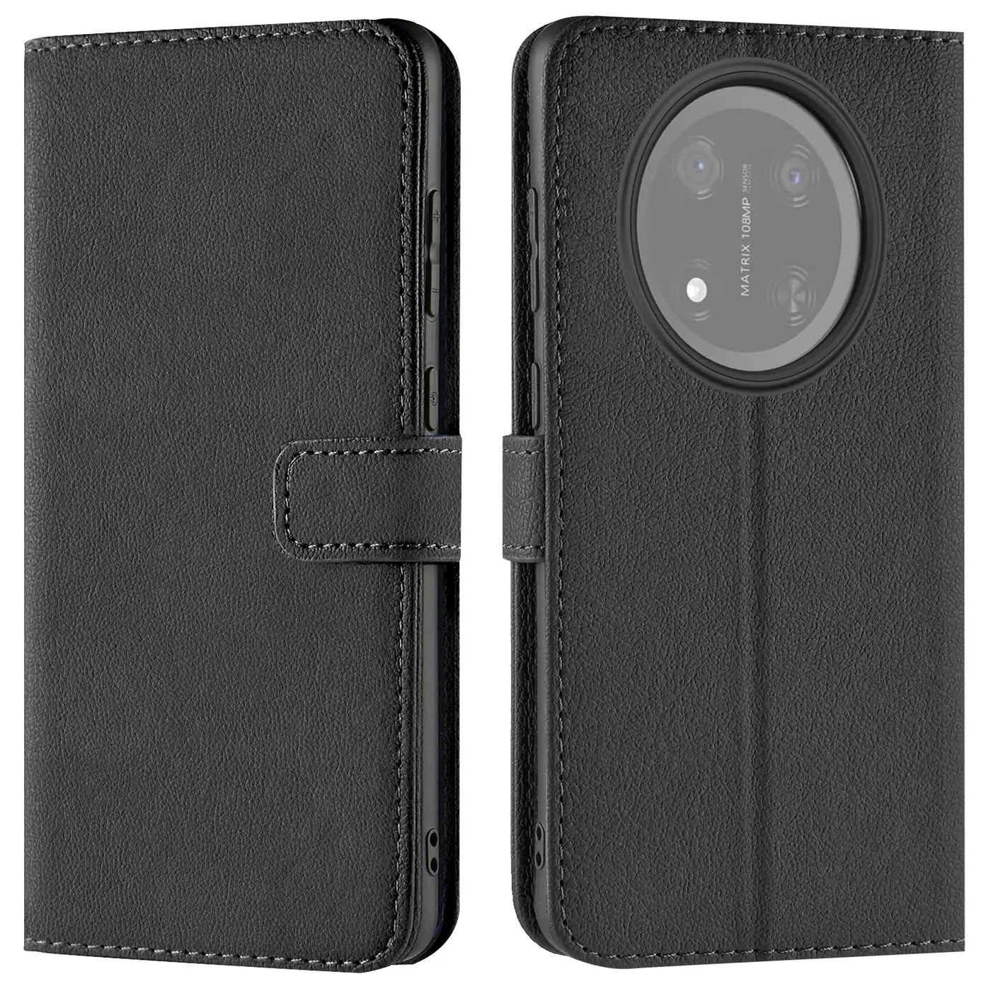 Schwarze Kunstleder-Klapphülle, Vorder- und Rückansicht, für Honor Magic 7 Lite.