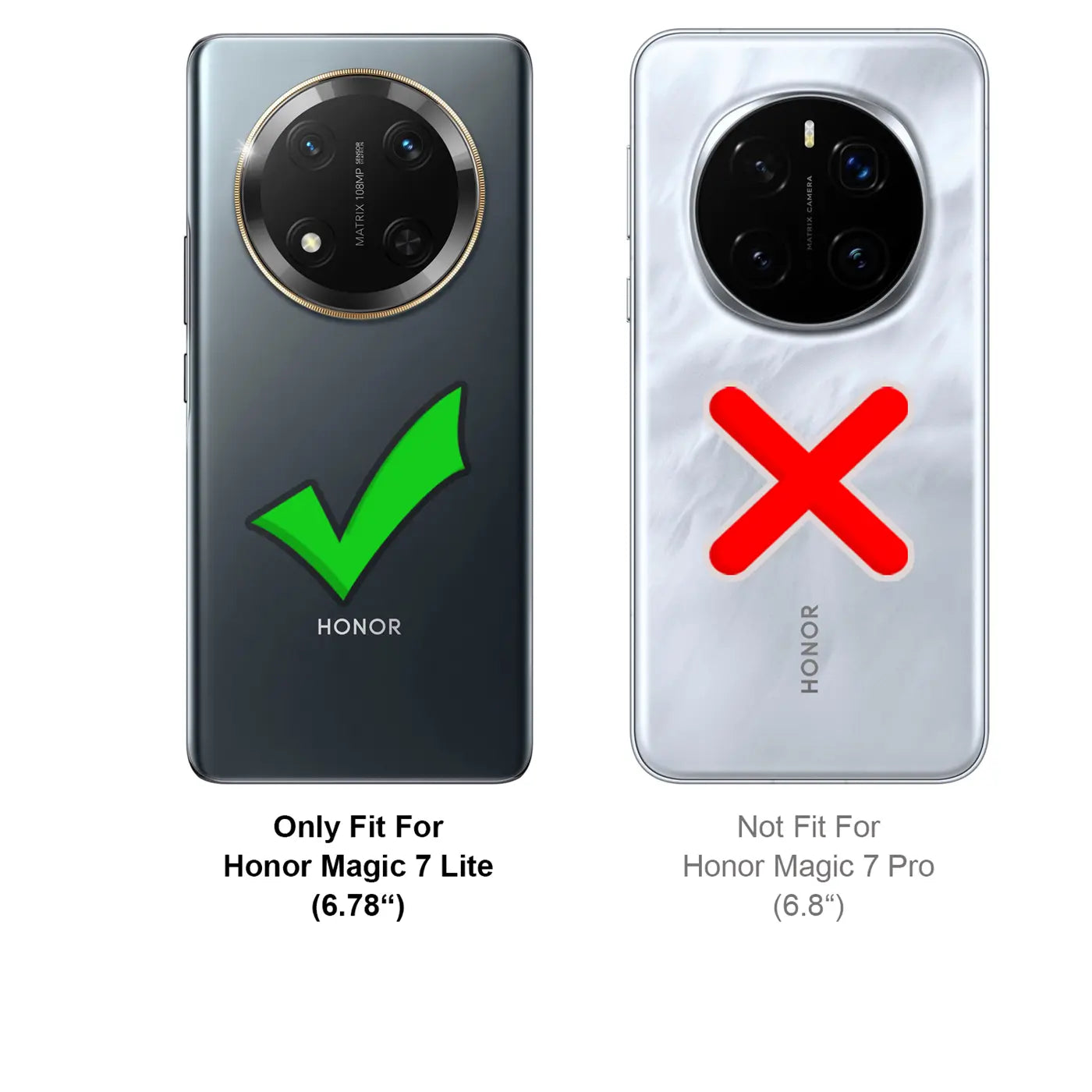 Honor Magic 7 Lite (links, grau, Haken) und Honor Magic 7 Pro (rechts, silber, Kreuz) Rückseite.