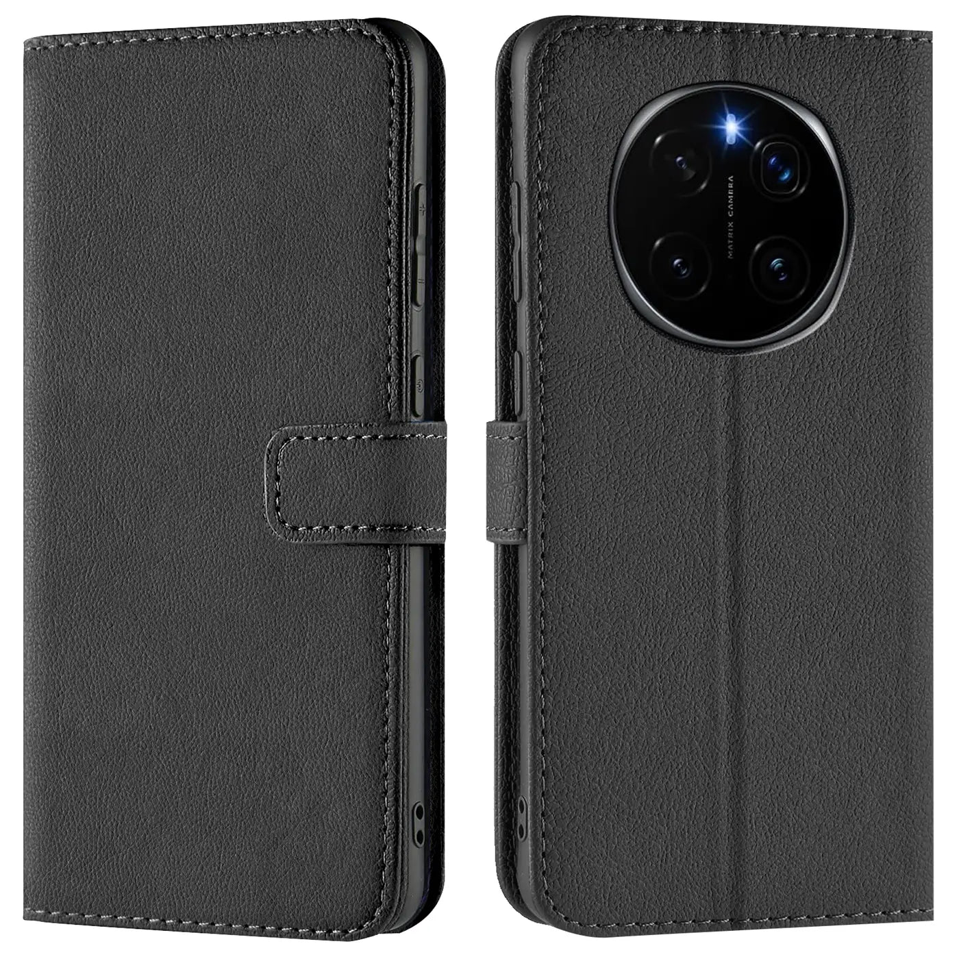 Schwarze Leder-Klapphülle mit Kartenfächern, Vorder- und Rückansicht, für Honor Magic 7 Pro.