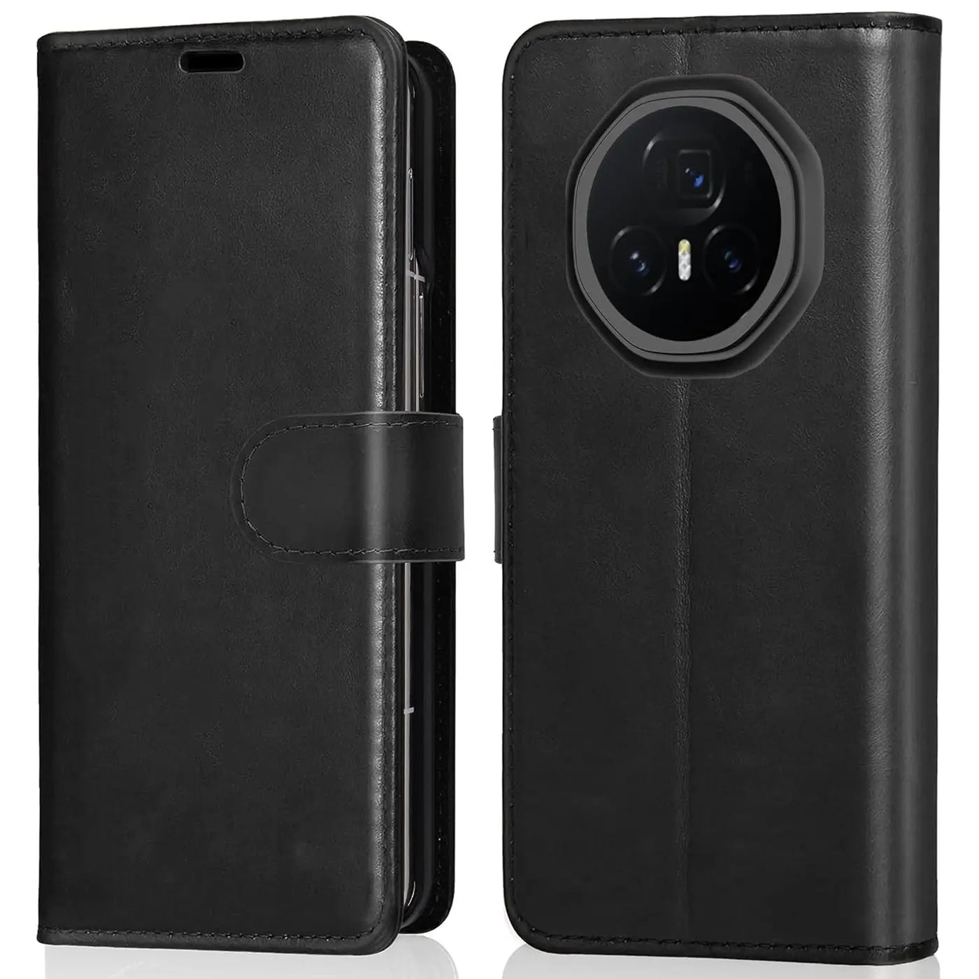 Schwarze Leder-Klapphülle mit Kartenfächern für Honor Magic V3, Vorder- und Rückansicht.