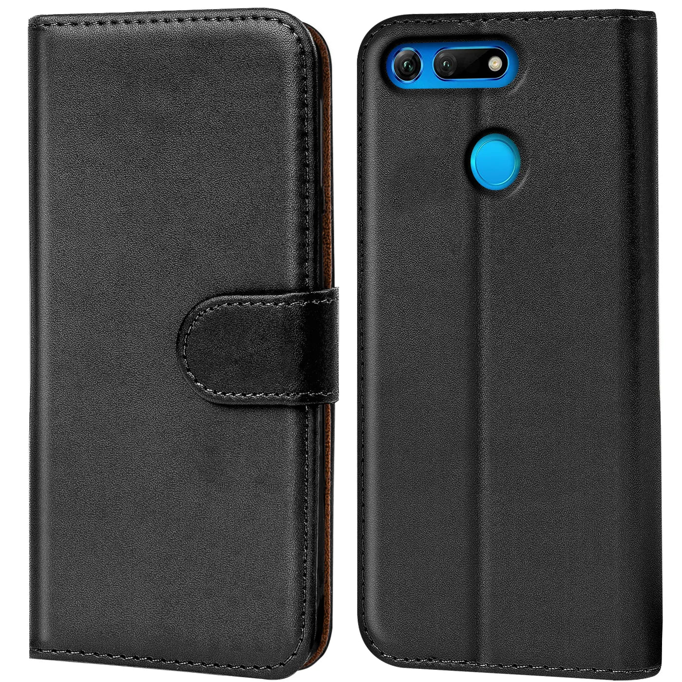 Schwarze Leder-Klapphülle mit Kartenfächern, Vorder- und Rückansicht, für Honor View 20.