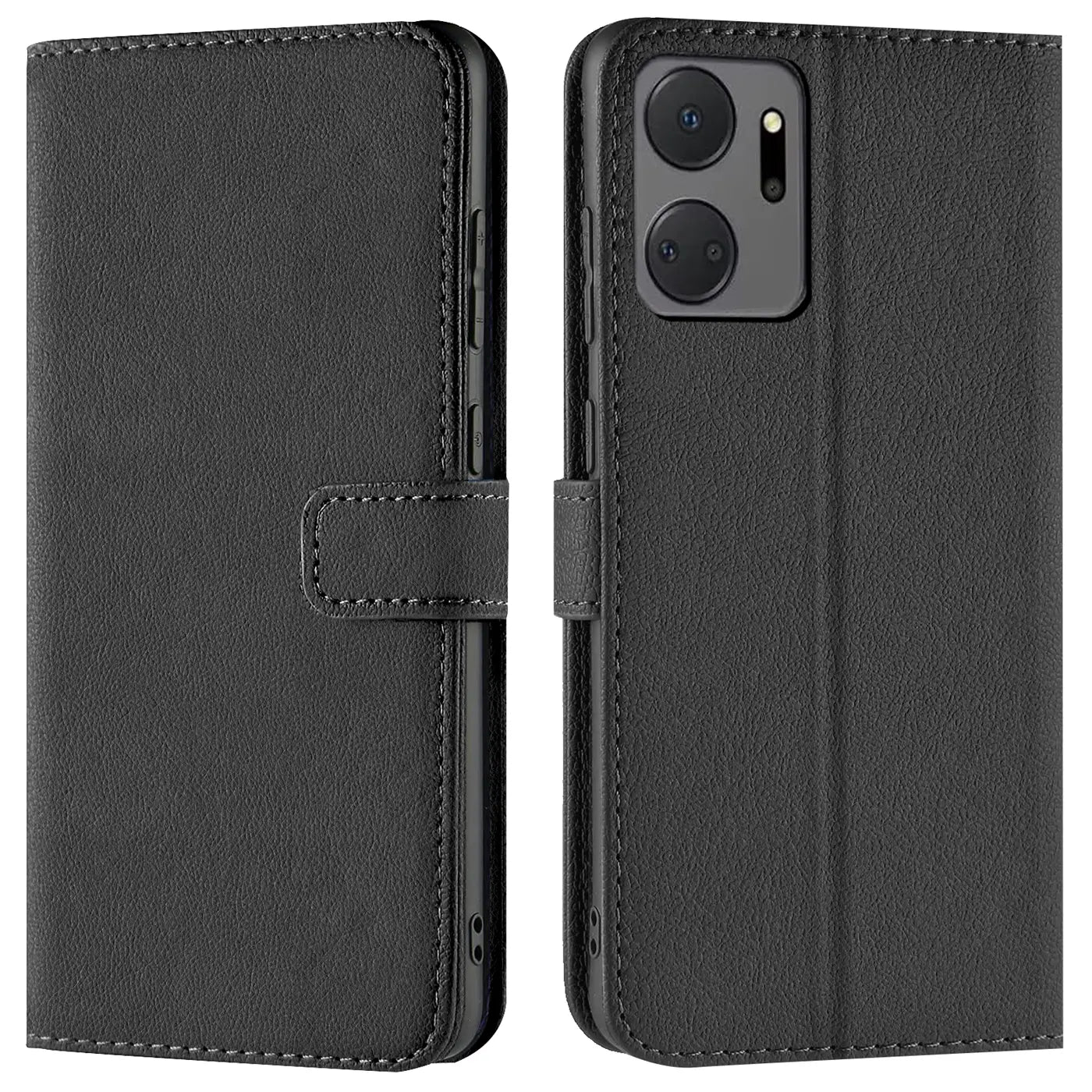 Schwarze Leder-Klapphülle mit Kartenfächern, Honor X7a, Vorder- und Rückansicht