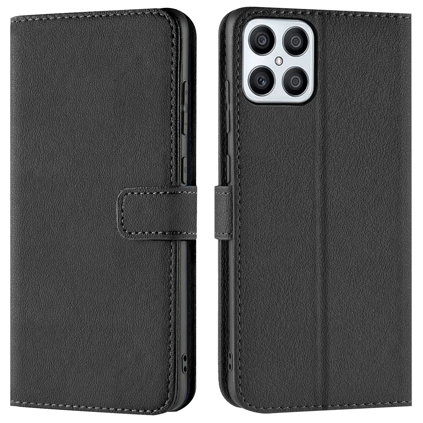 Schwarze Kunstleder-Klapphülle mit Kartenfächern, Vorder- und Rückansicht, für Honor X8.