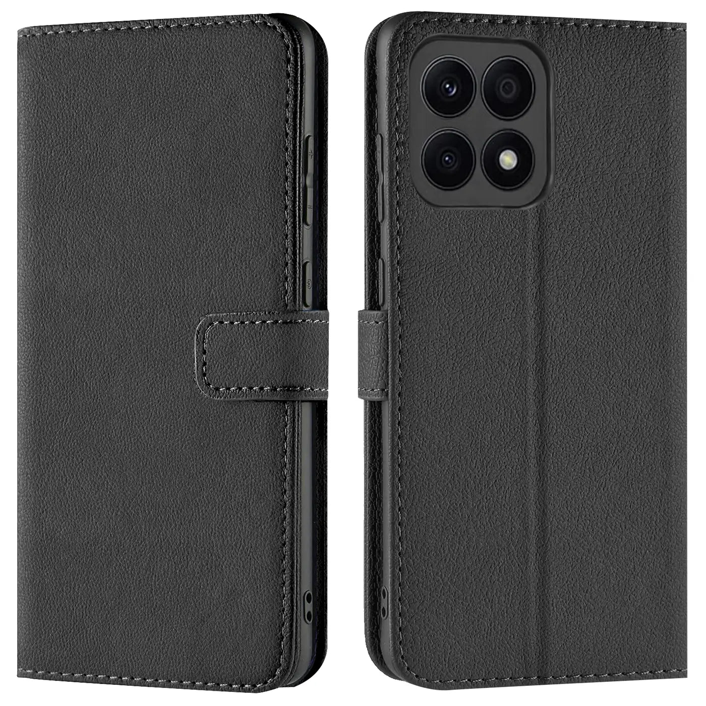 Schwarze Leder-Klapphülle mit Kartenfächern, Vorder- und Rückansicht, für Honor X8a.