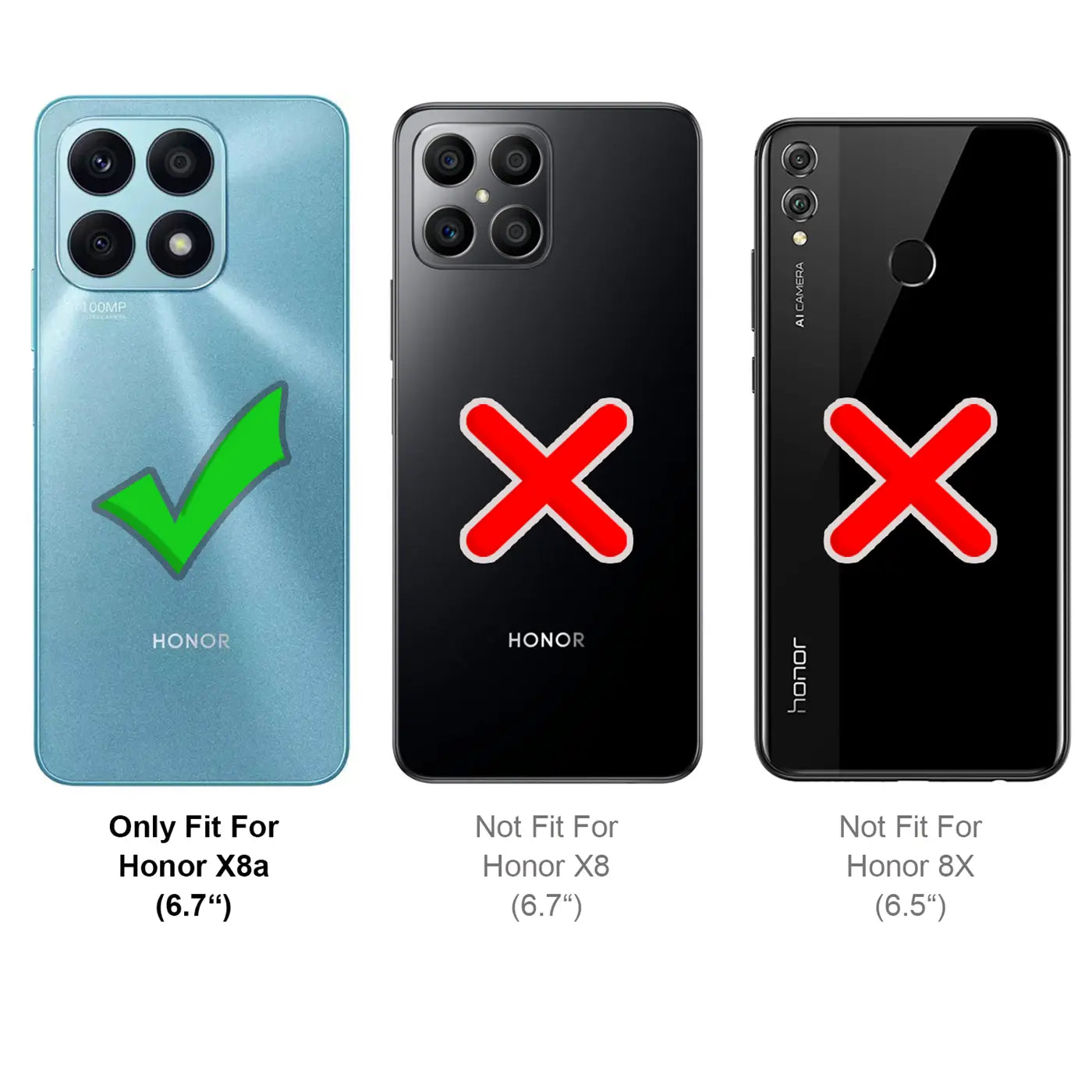 Blaues Honor X8a mit grünem Haken, schwarze Honor X8/8X mit roten Kreuzen.