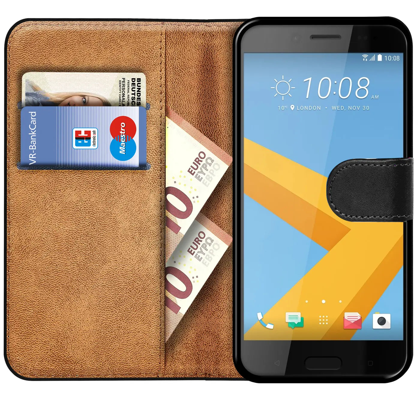 Braune Kunstleder-Klapphülle mit Kartenfächern und Geldscheinfach, zeigt HTC 10 Evo.