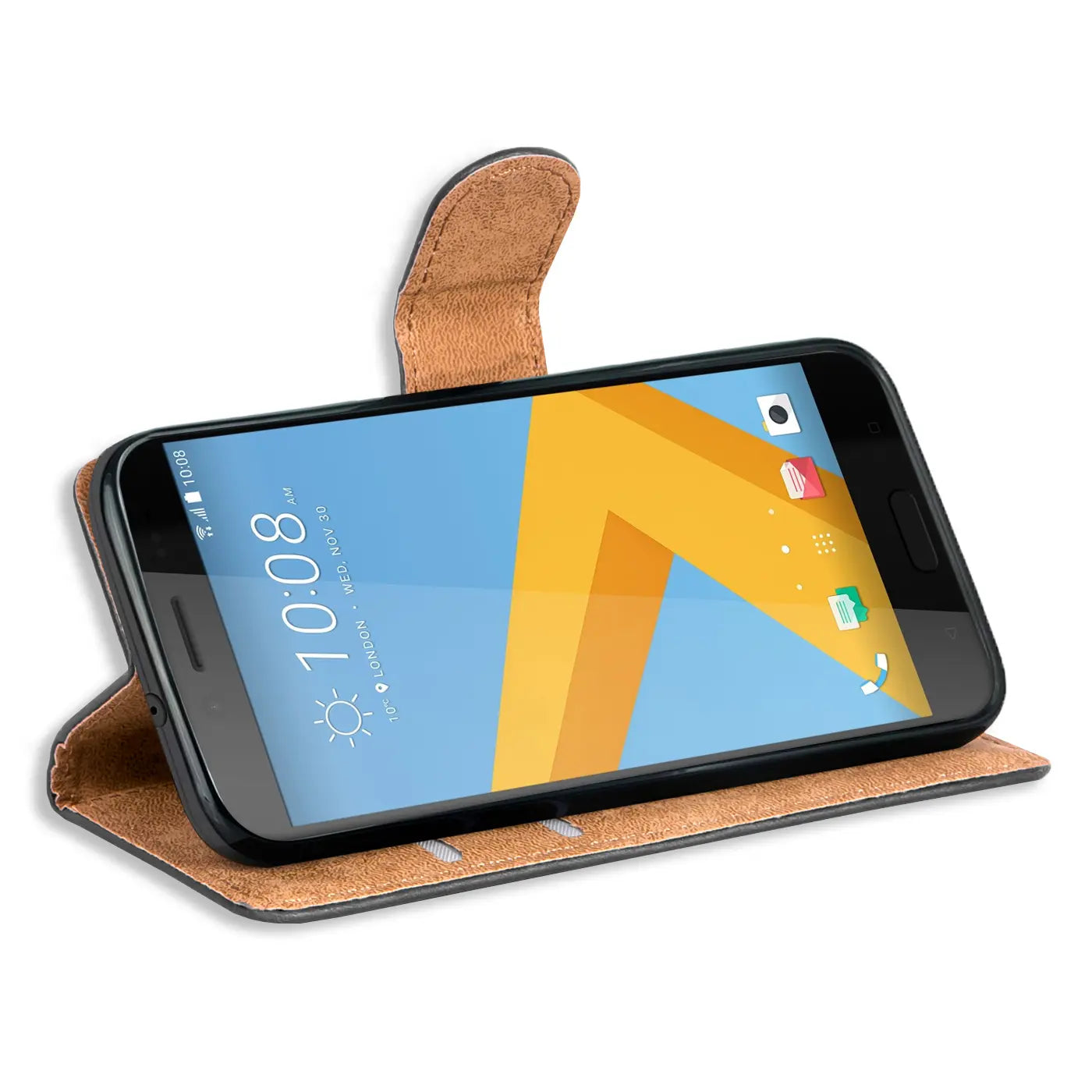 Braune Kunstleder-Klapphülle mit Kartenfächern für HTC 10 Evo, Seitenansicht.