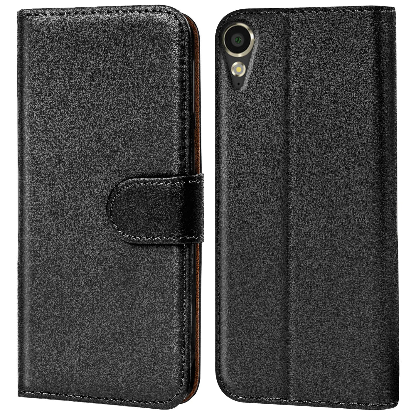 Schwarze Leder-Klapphülle mit Kartenfächern für HTC Desire 10 Lifestyle, Vorder- und Rückansicht