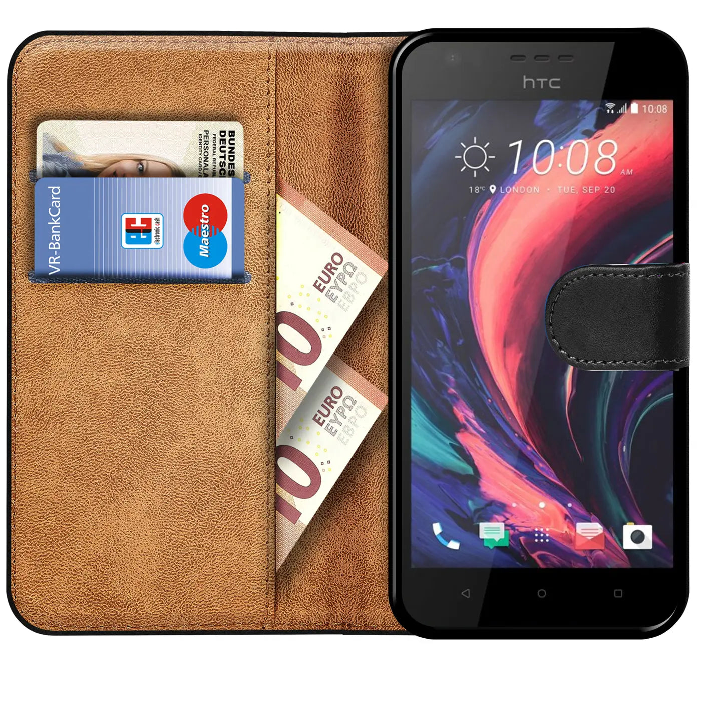 Braune Kunstleder-Klapphülle mit Kartenfächern und Geldscheinfach, zeigt HTC Desire 10 Lifestyle.