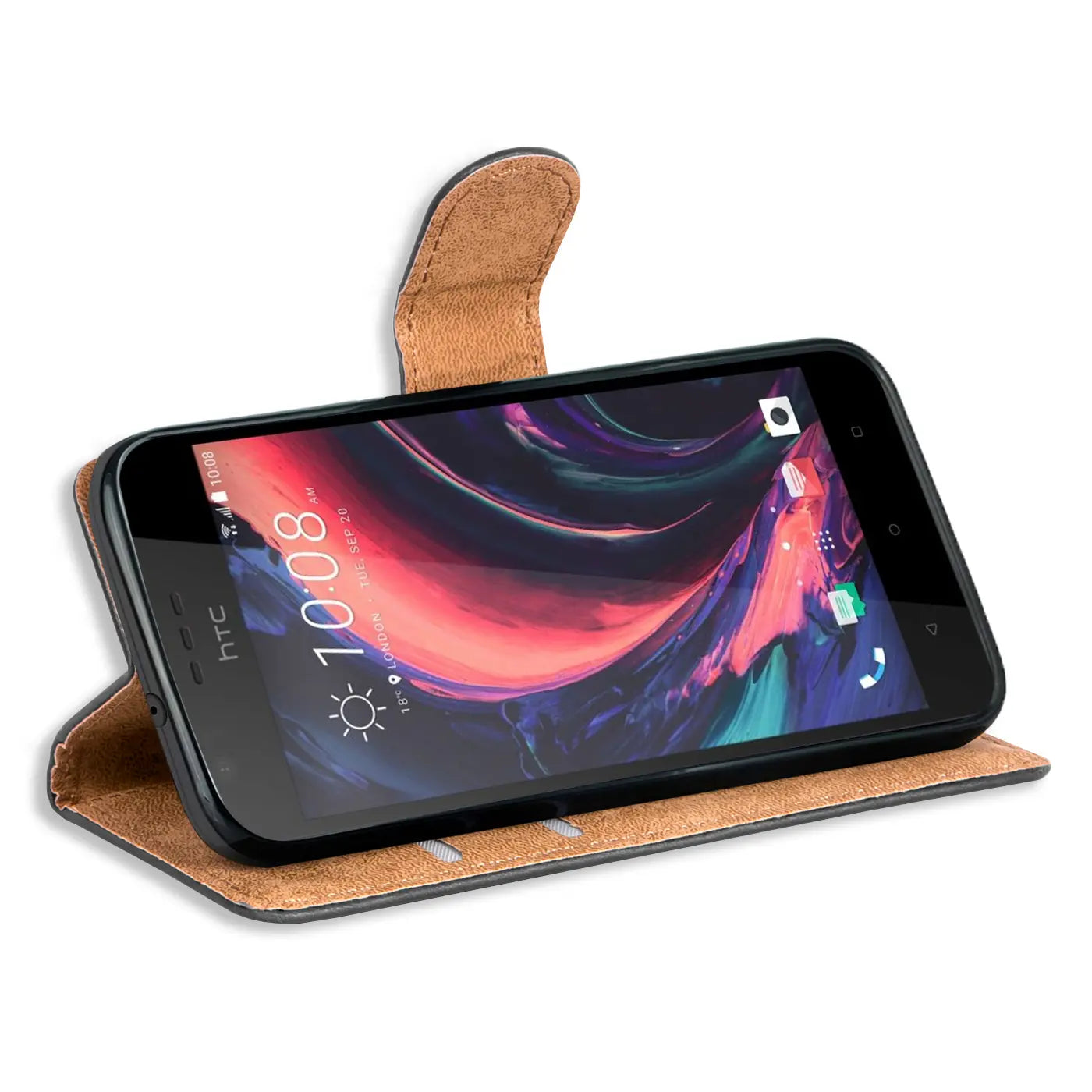 Braun Kunstleder-Klapphülle mit Kartenfächern, schräg von vorne, zeigt HTC Desire 10 Lifestyle.