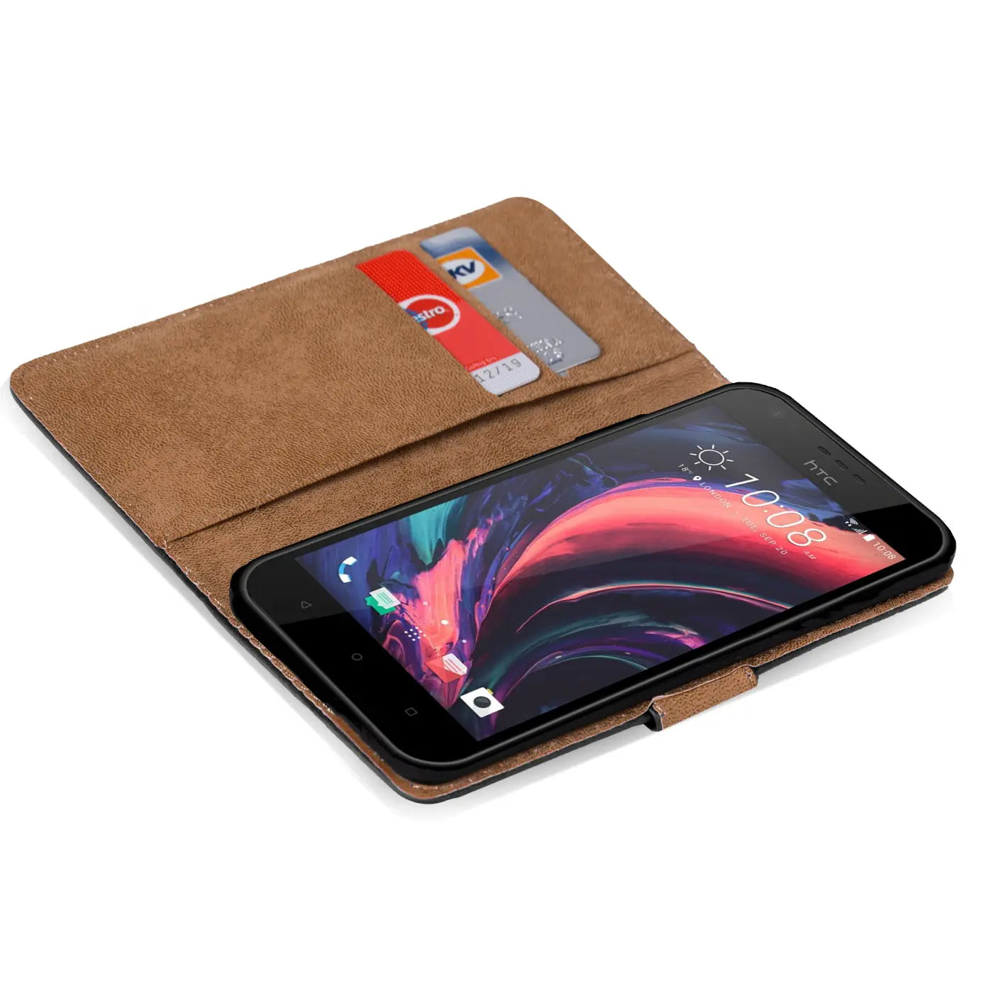 Braune Kunstleder-Klapphülle mit Kartenfächern, zeigt HTC Desire 10 Lifestyle, von oben.