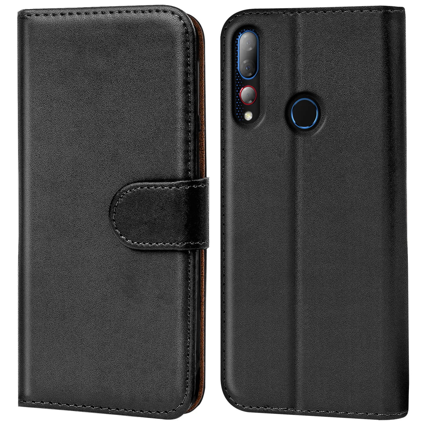 Schwarze Leder-Klapphülle mit Kartenfächern, Vorder- und Rückansicht, HTC Desire 19 Plus.