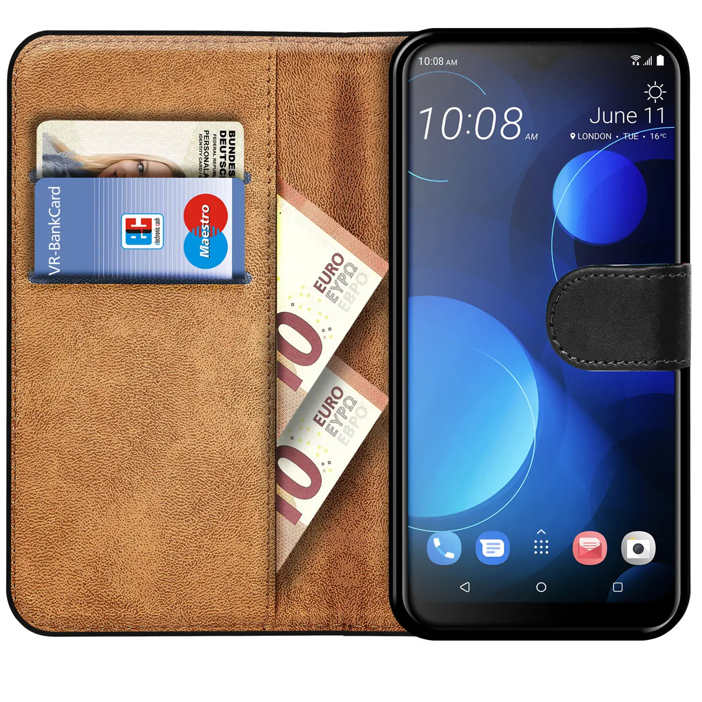 Braune Kunstleder-Klapphülle mit Kartenfächern, zeigt ein HTC Desire 19 Plus.