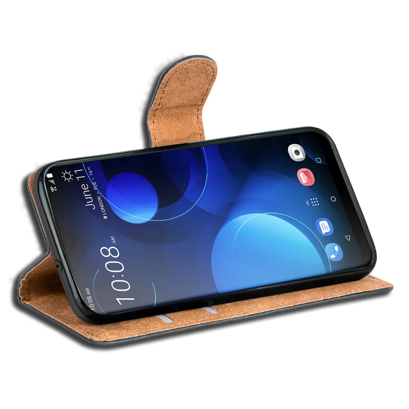 Braune Kunstleder-Klapphülle mit Kartenfächern, zeigt HTC Desire 19 Plus von vorne, leicht schräg.