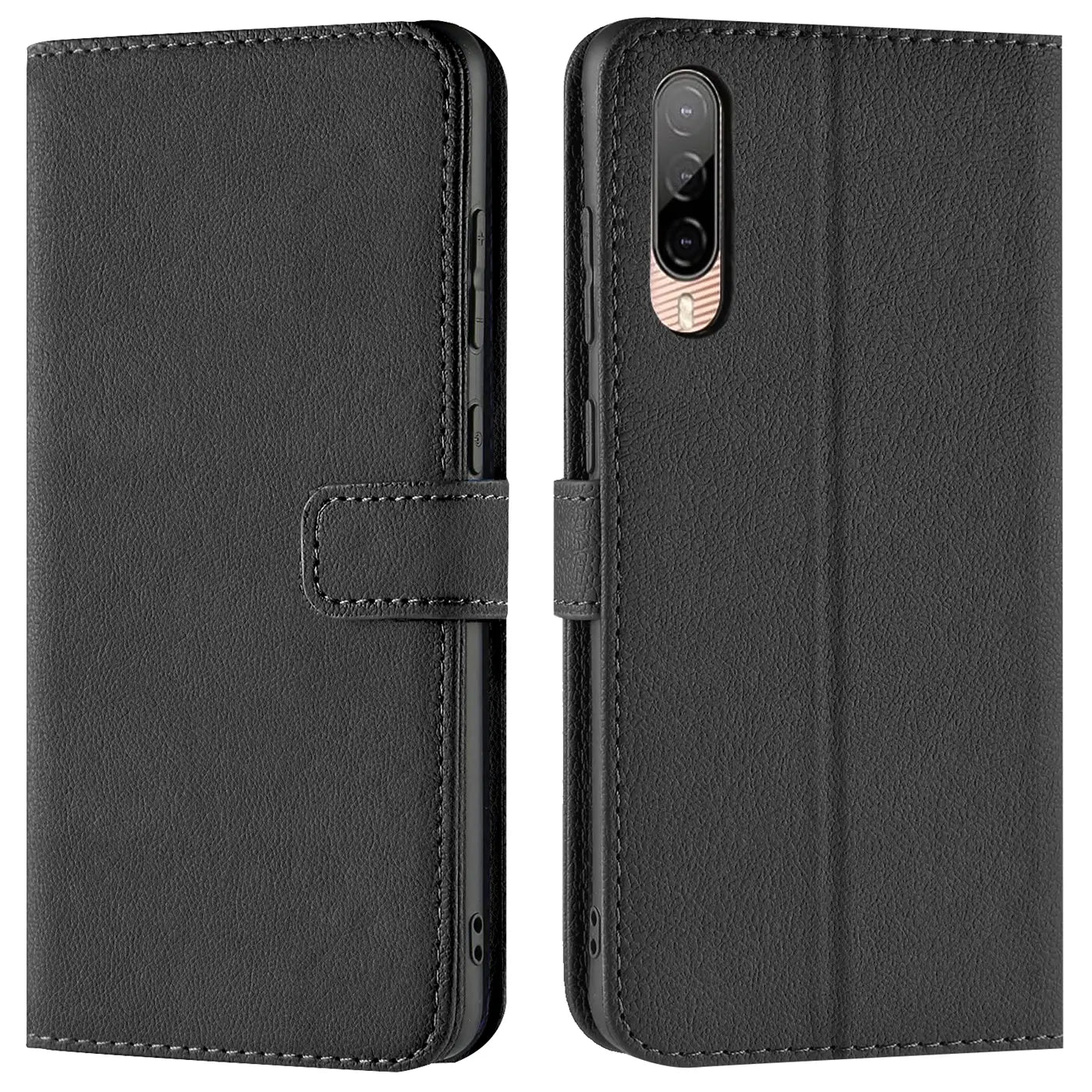 Schwarze Leder-Klapphülle mit Kartenfächern, Vorder- und Rückansicht, für HTC Desire 22 Pro.