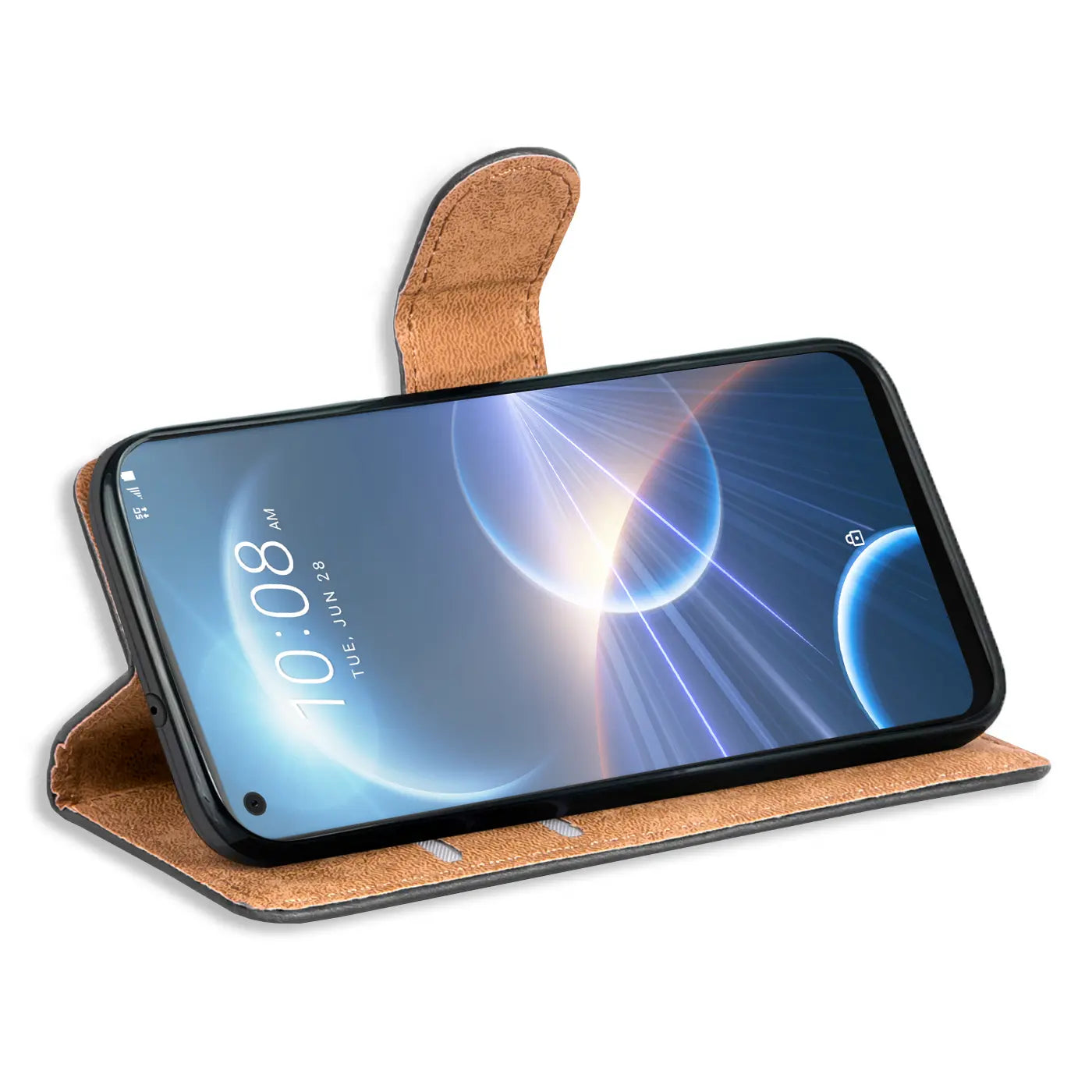 Braune Kunstleder-Klapphülle mit Kartenfächern für HTC Desire 22 Pro, von vorne schräg.