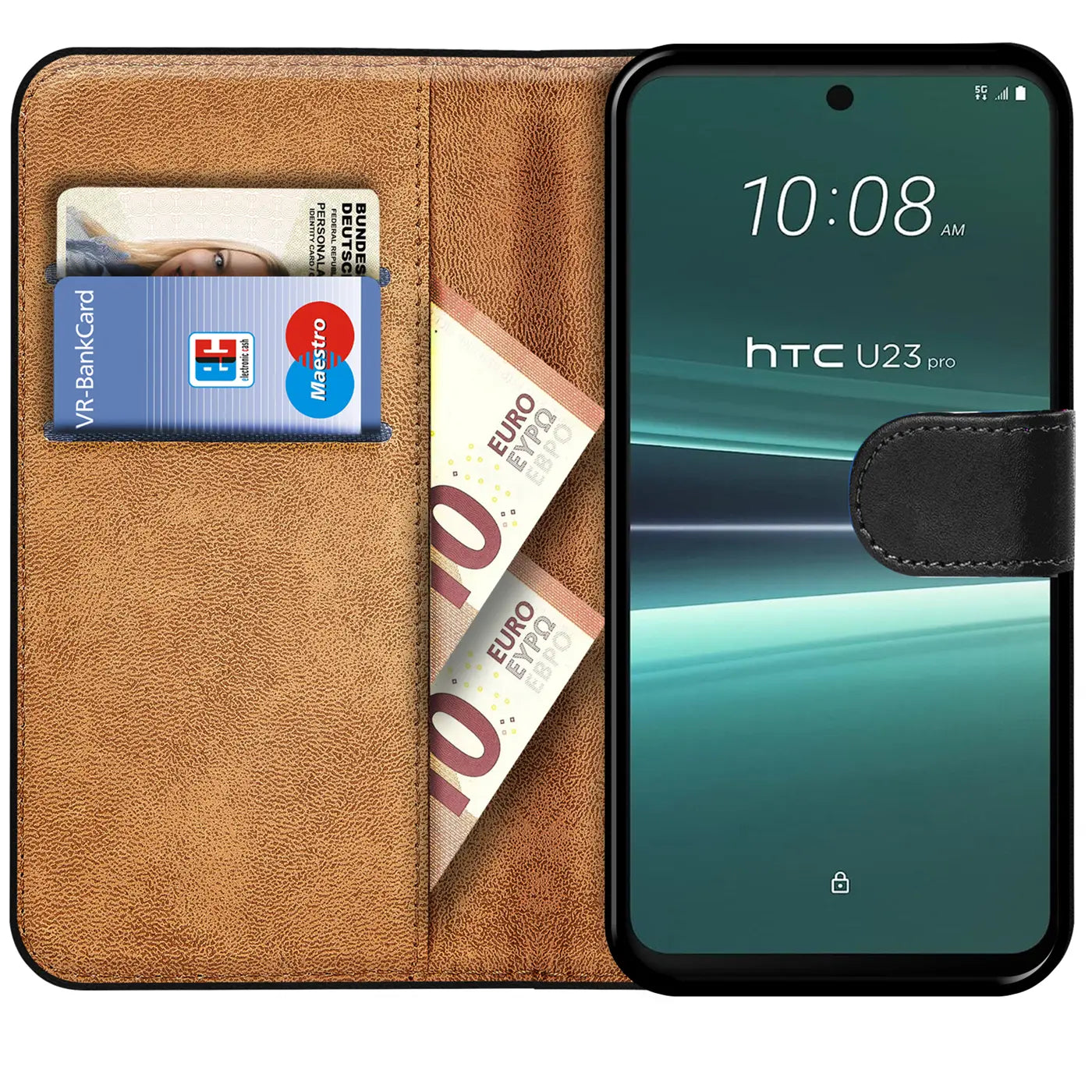Braune Kunstleder-Klapphülle mit Kartenfächern und Geldscheinfach, zeigt HTC U23 Pro.