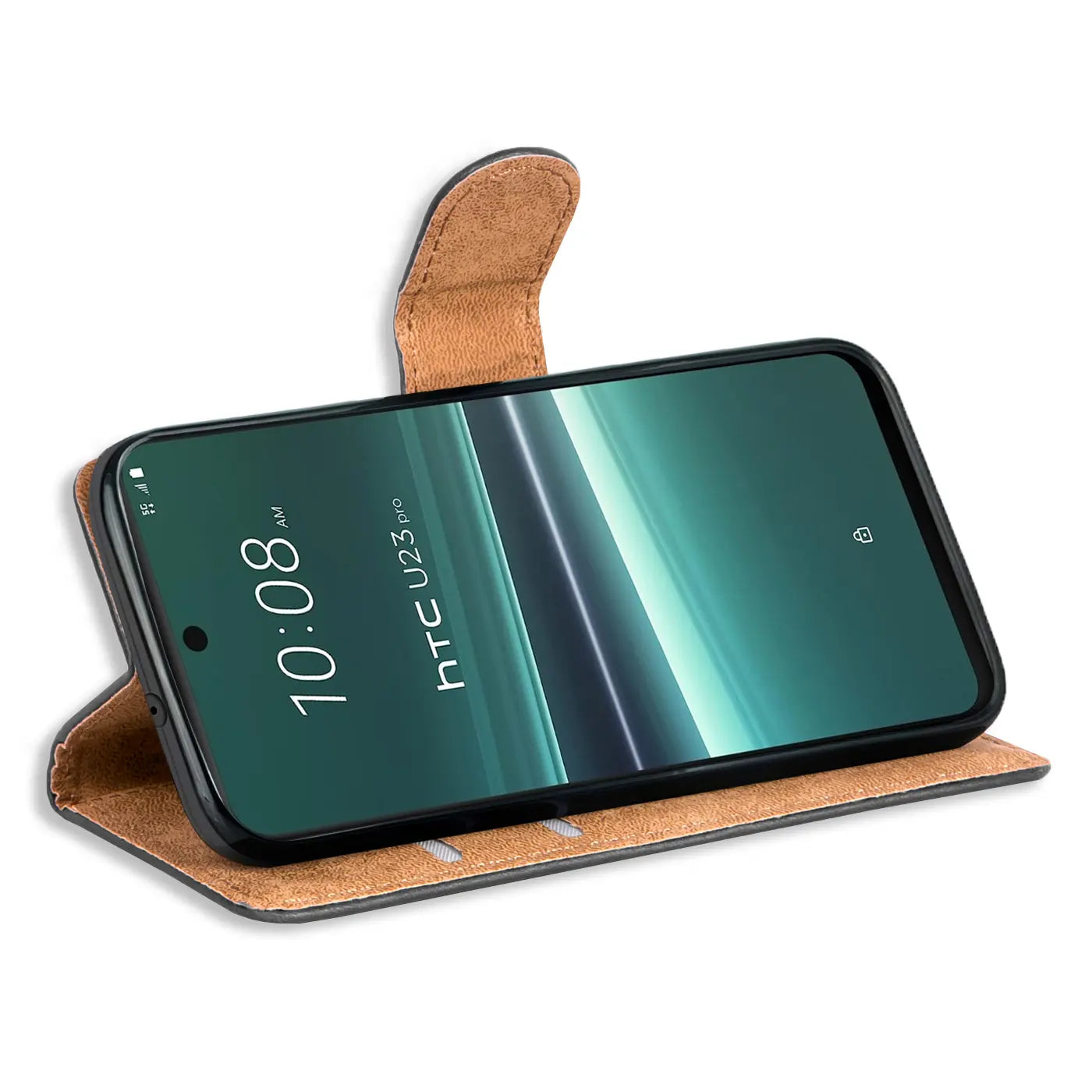 Braune Kunstleder-Klapphülle mit Kartenfächern, HTC U23 Pro, Seitenansicht.