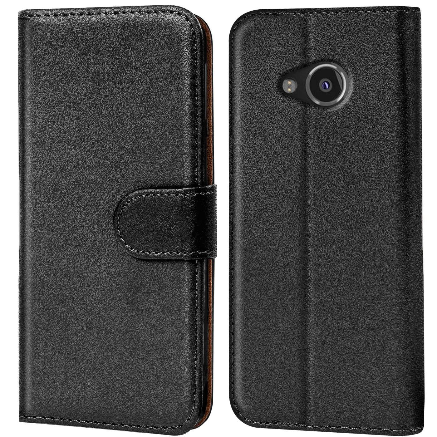 Schwarze Leder-Klapphülle mit Kartenfächern, Vorder- und Rückansicht, HTC U Play erkennbar.