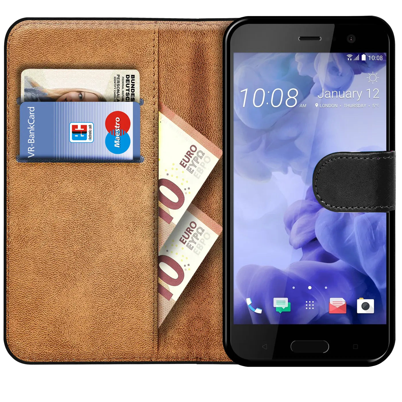 Braune Kunstleder-Klapphülle mit Kartenfächern und Geldscheinen, zeigt HTC U Play.