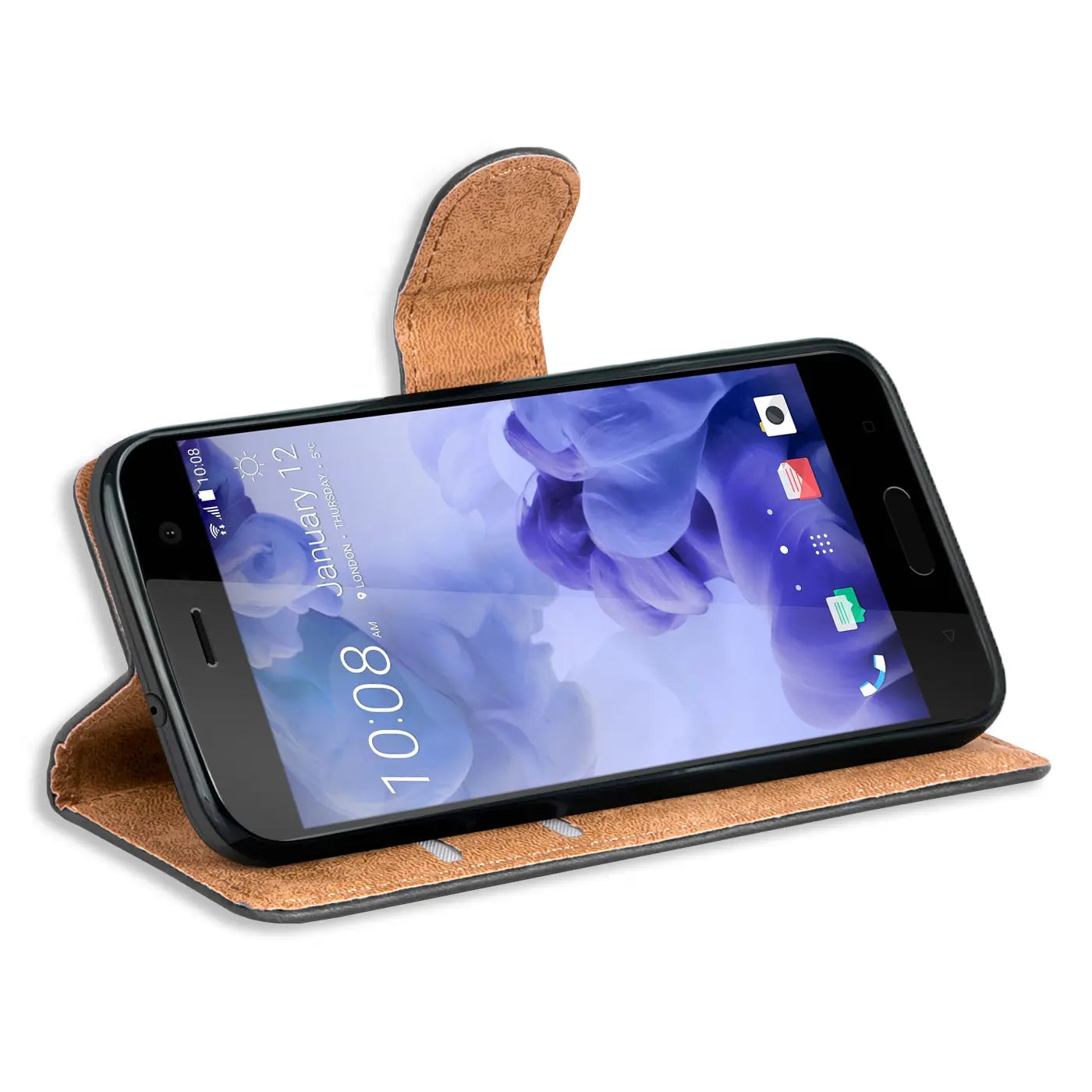Braune Kunstleder-Klapphülle mit Kartenfächern für HTC U Play, von vorne schräg gezeigt.