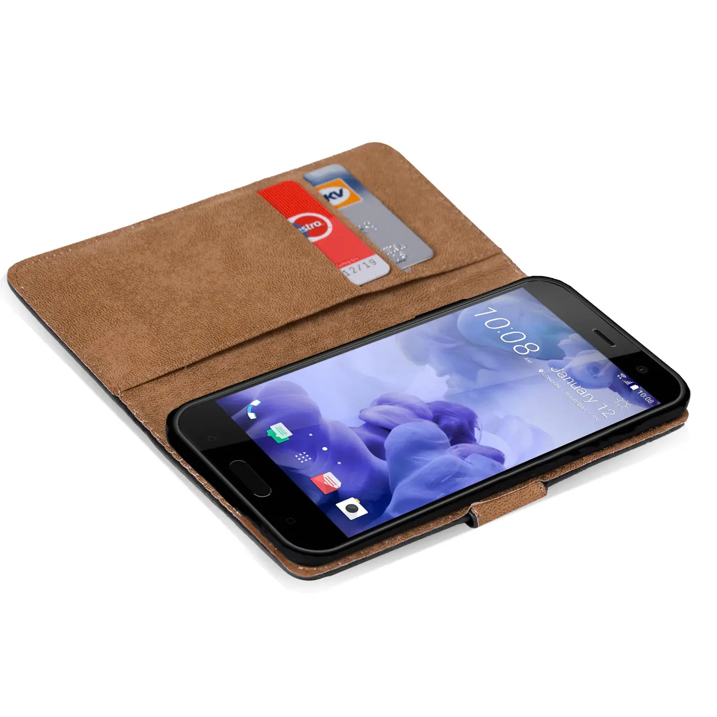 Braune Kunstleder-Klapphülle mit Kartenfächern, zeigt HTC U Play von vorne.