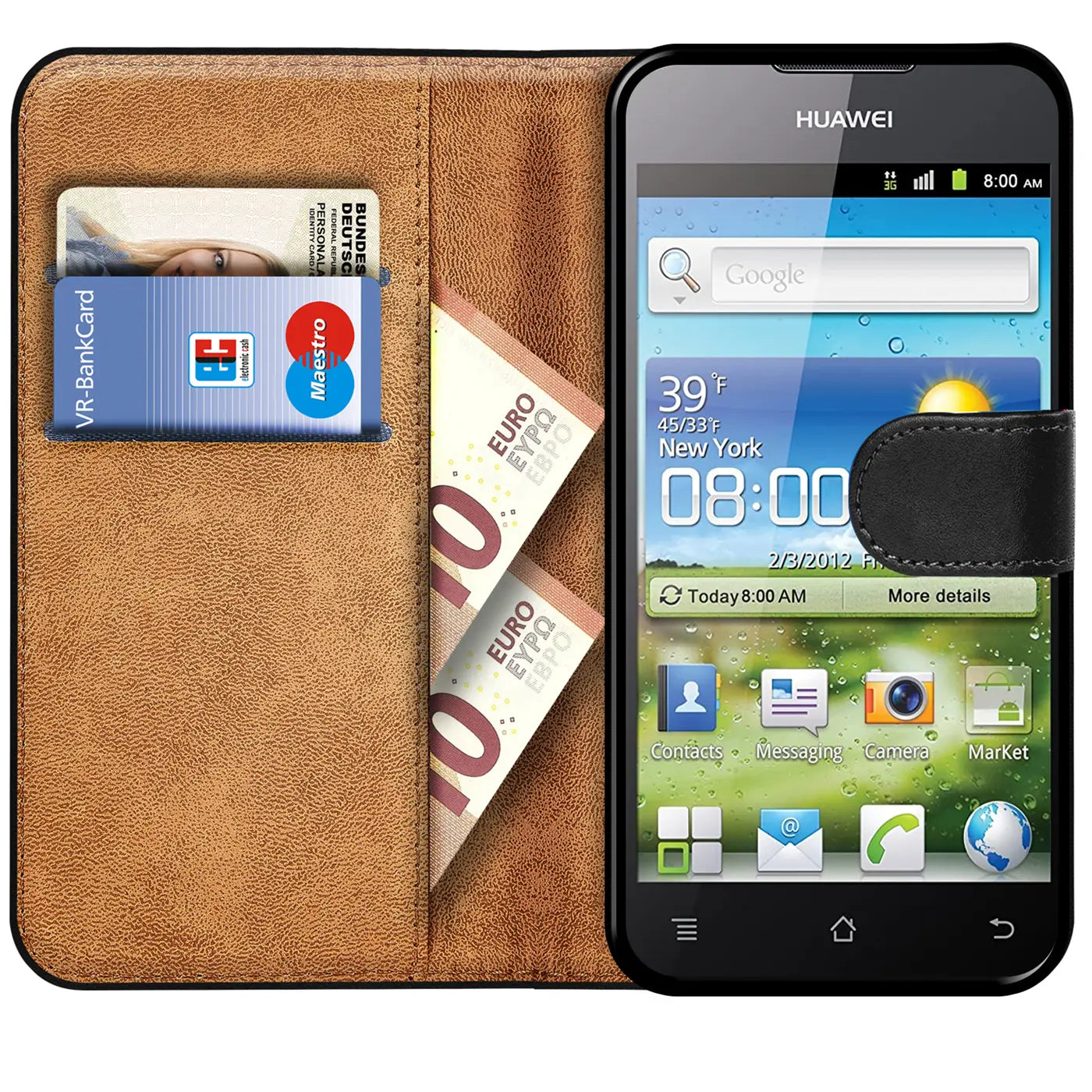 Braune Leder-Klapphülle mit Kartenfächern und Geldscheinen, zeigt Huawei Ascend G6.