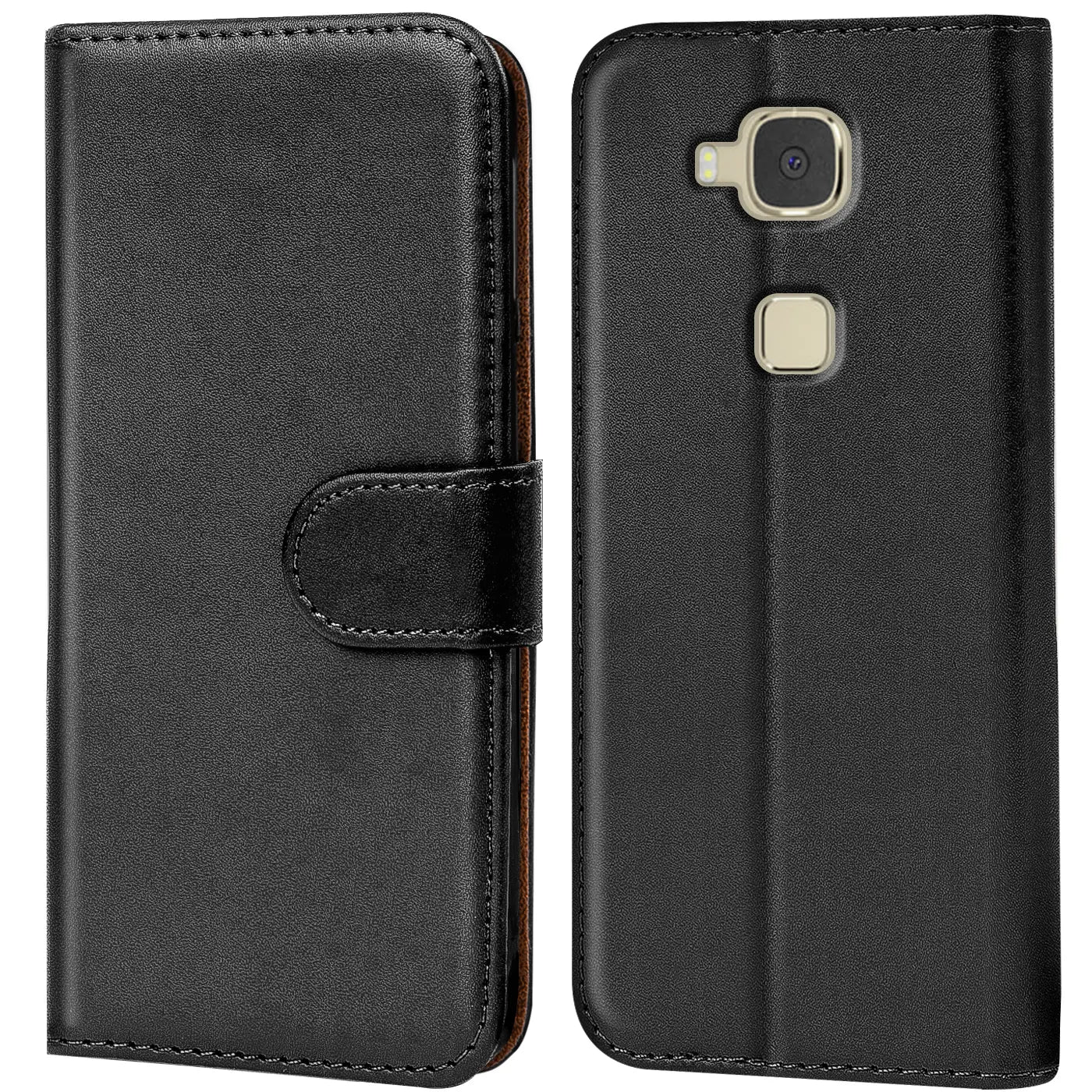 Schwarze Leder-Klapphülle mit Kartenfächern, Vorder- und Rückansicht, für Huawei G8.