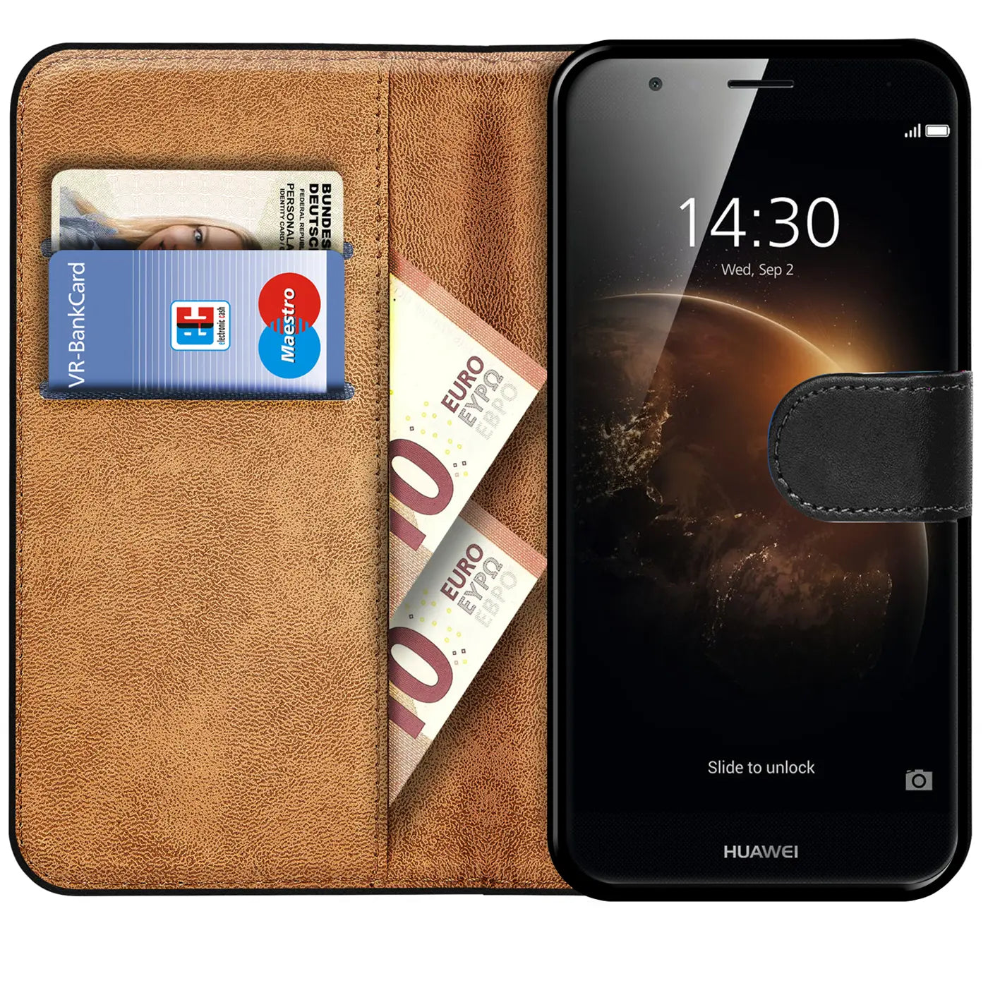 Braune Kunstleder-Klapphülle mit Kartenfächern und Geldscheinfach, zeigt Huawei G8.