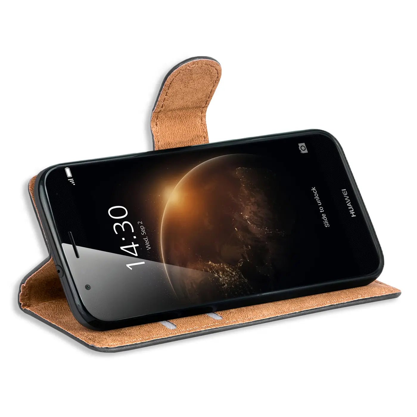 Braune Kunstleder-Klapphülle mit Kartenfächern, seitliche Ansicht, zeigt Huawei G8.