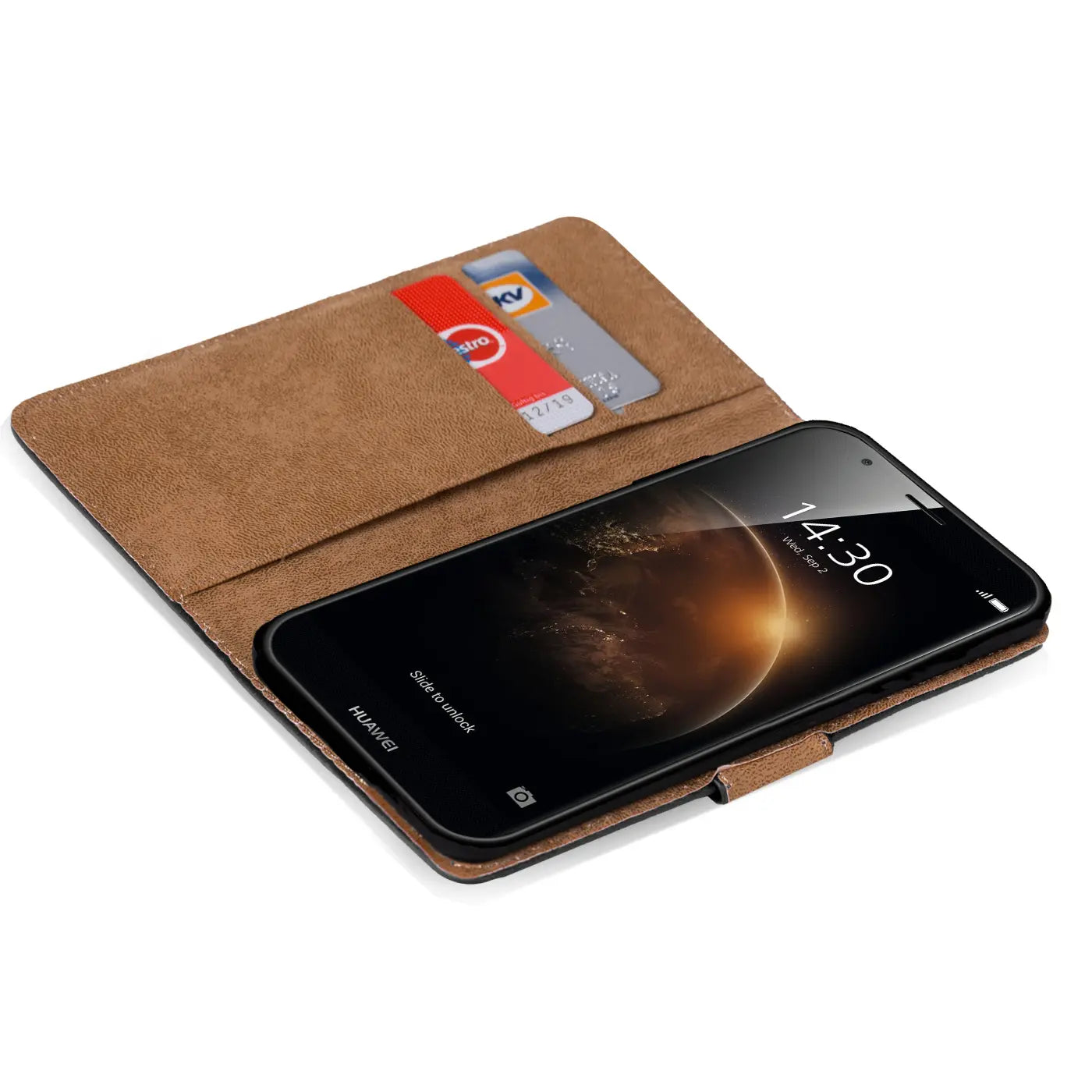 Braune Klapphülle aus Leder mit Kartenfächern, zeigt Huawei G8 von oben.